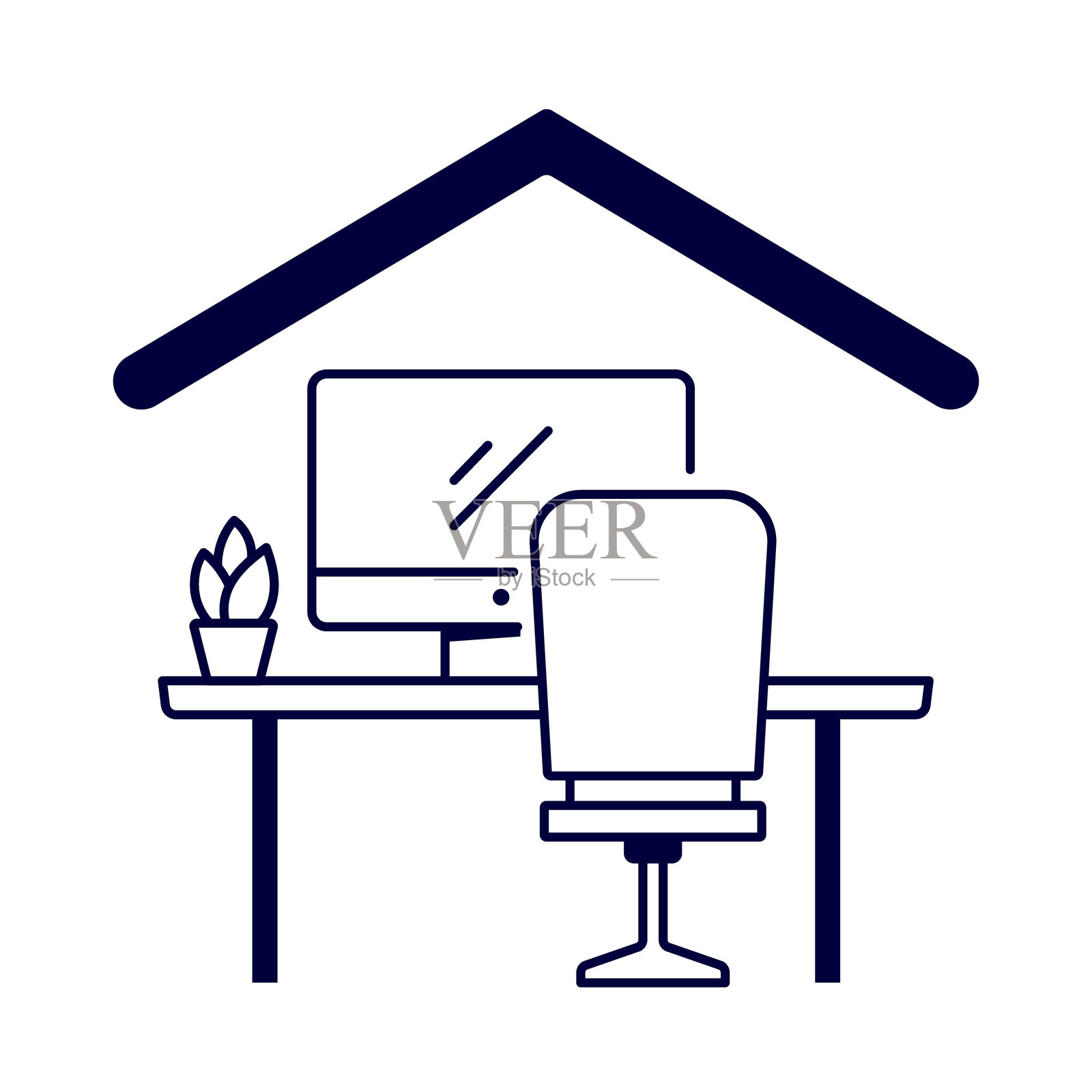 家庭办公室图标 - 带椅子和窗户的桌子，代表远程工作、生产力和工作空间设置插画图片素材