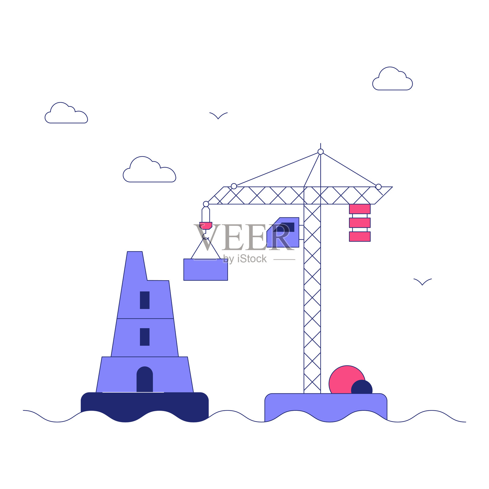 建筑起重机和塔楼的平面矢量插图，象征城市发展、建筑和施工项目，背景为白色。插画图片素材