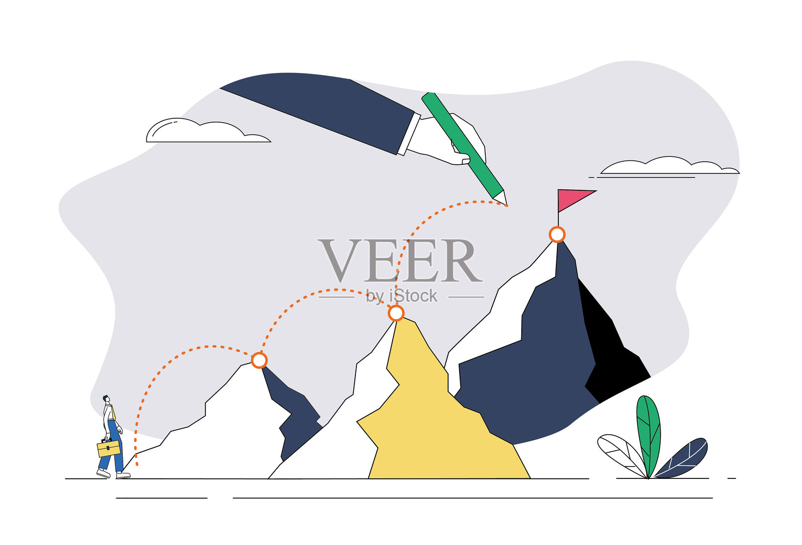 巨人为白领工人绘制了一条通往山顶目标的路线。插画图片素材