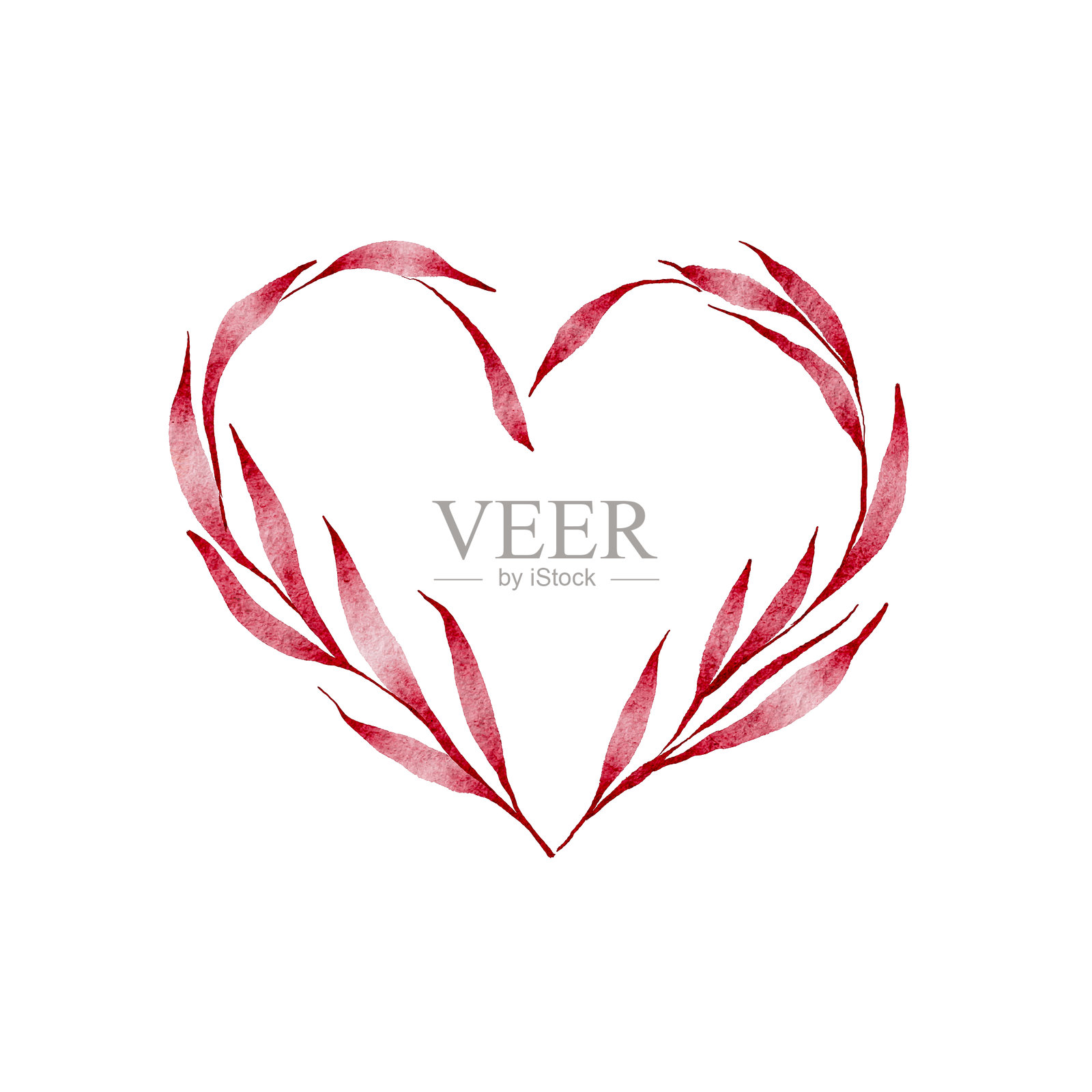 水彩红色枝条在白色背景上形成心形插画图片素材