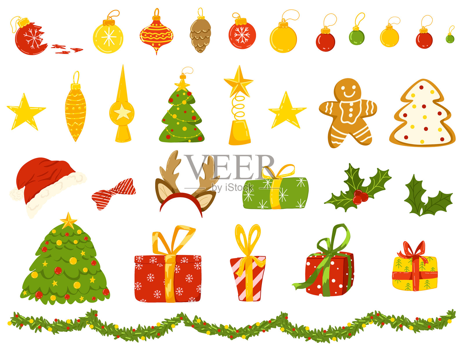 带有圣诞装饰的矢量图集。手绘卡通涂鸦用于新年装饰插画图片素材