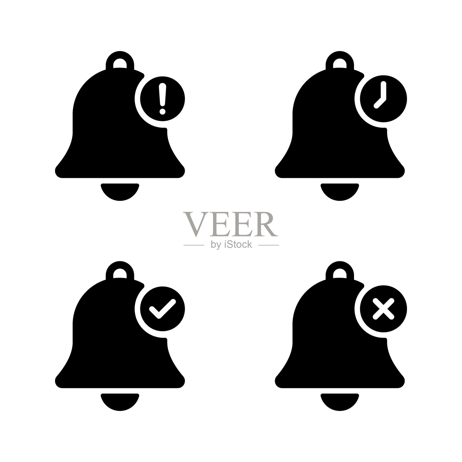 带感叹号的铃铛、时间、勾号和叉号图标。带有警告、时钟、勾和叉符号的通知。插画图片素材