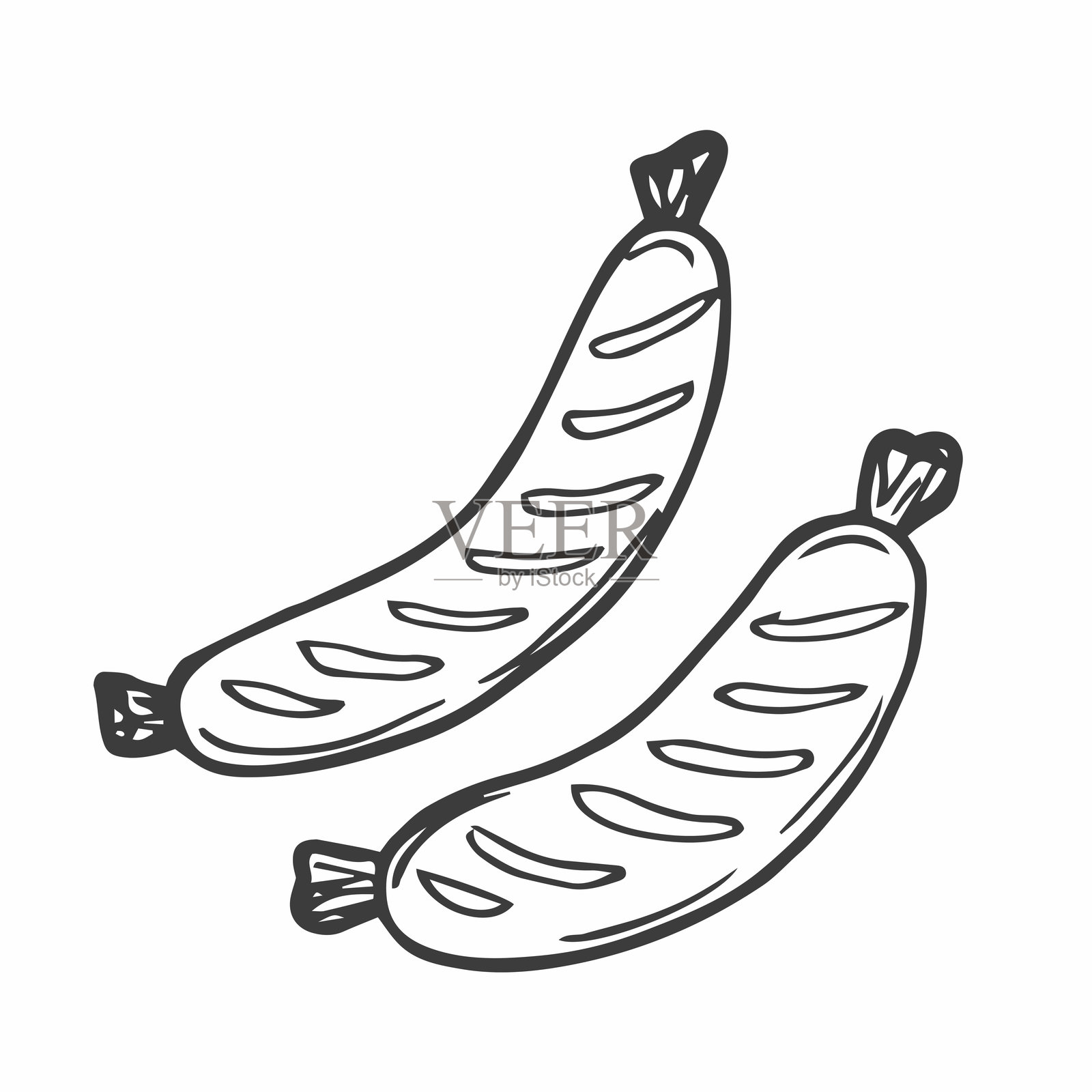 香肠。切片的炸香肠。素描。矢量插图。多汁的烧烤香肠。儿童涂色书。孤立背景上的轮廓。涂鸦风格。网页设计的创意。插画图片素材