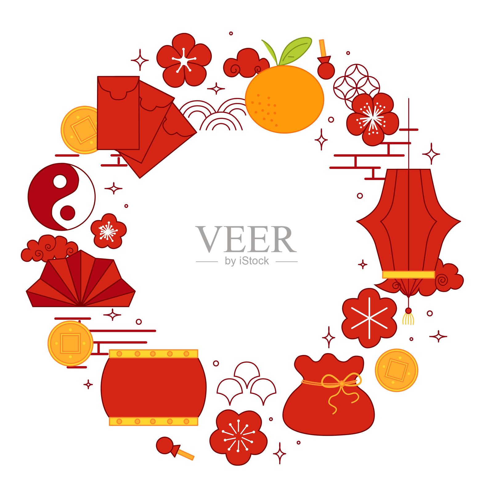 中国新年圆形框架模板。带有传统元素的矢量图形插图，包括灯笼、橙子、红包、硬币、鼓和花朵，背景透明。插画图片素材