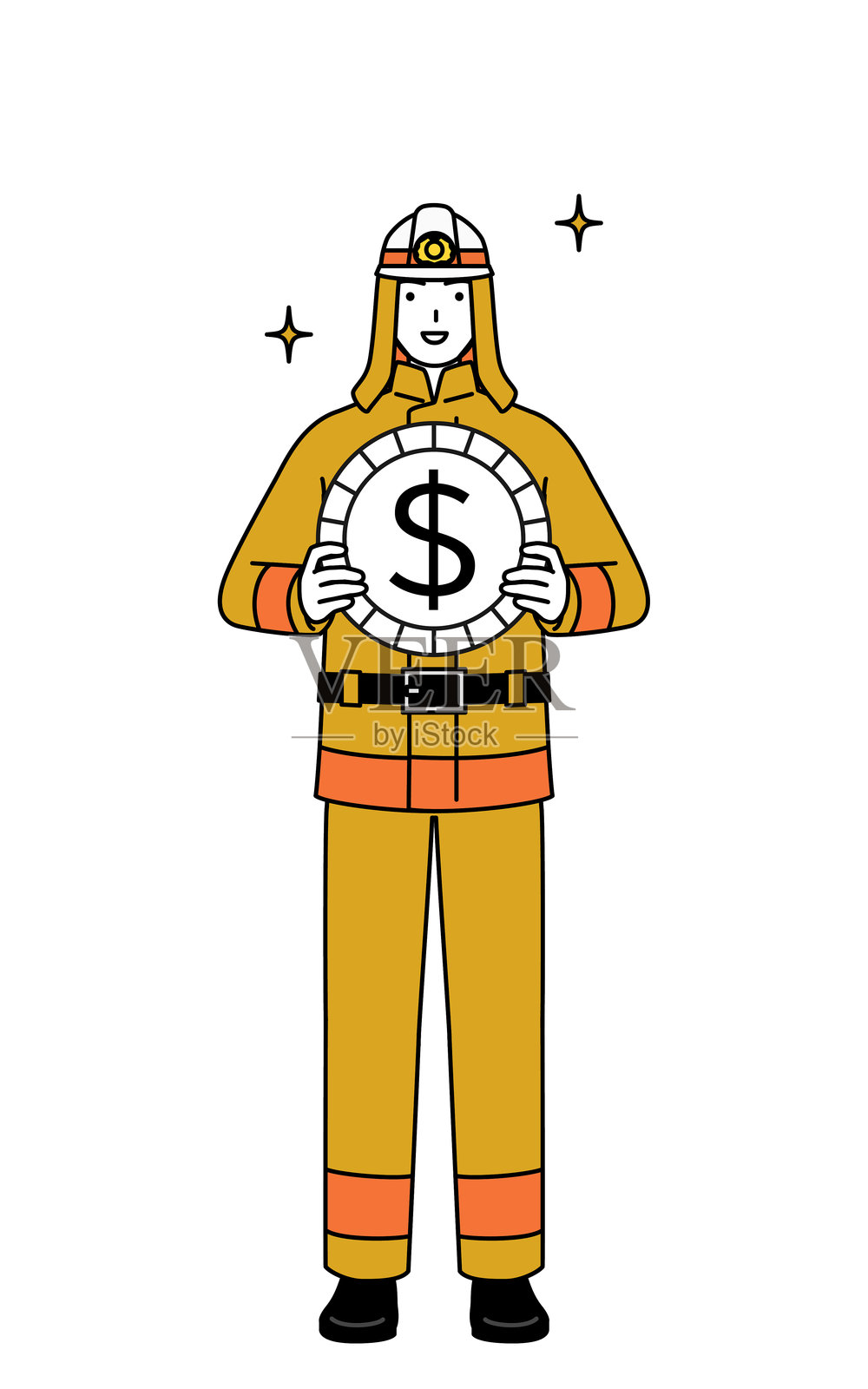穿着消防制服的消防员，背景是外汇收益和美元升值的图像。插画图片素材