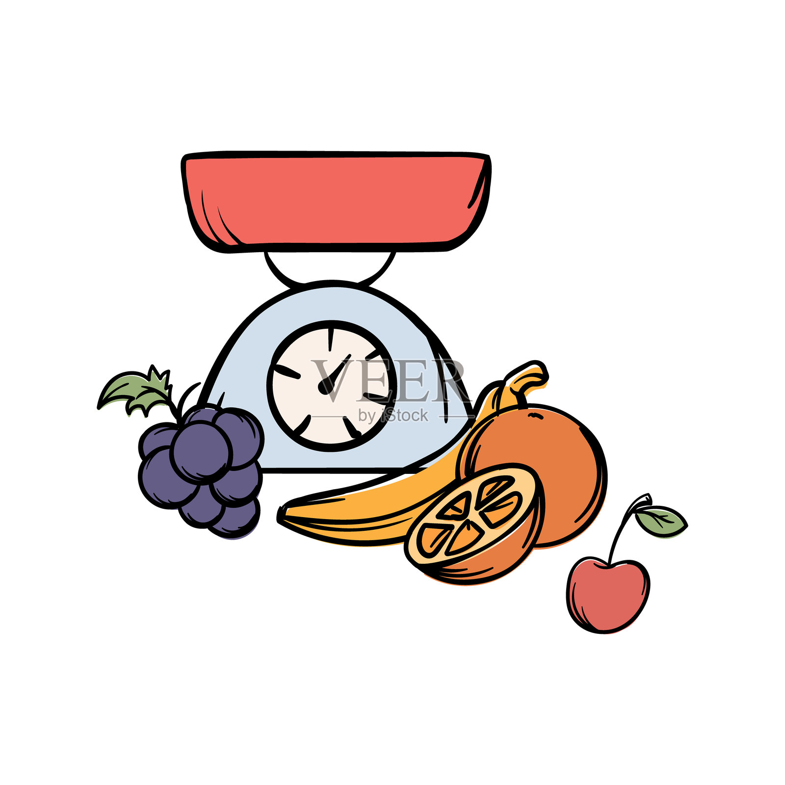 简单的矢量插图，包含天平和水果。手绘的厨房用具、市场、商店、销售产品的图像。设计和装饰的元素和图标集合。插画图片素材