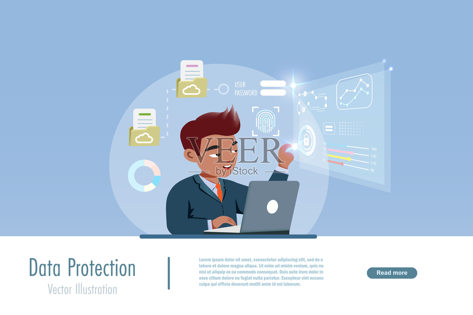 商人解锁数字文件和财务数据访问。生物识别身份验证和网络安全保护企业免受在线交易犯罪。矢量图。插画图片素材