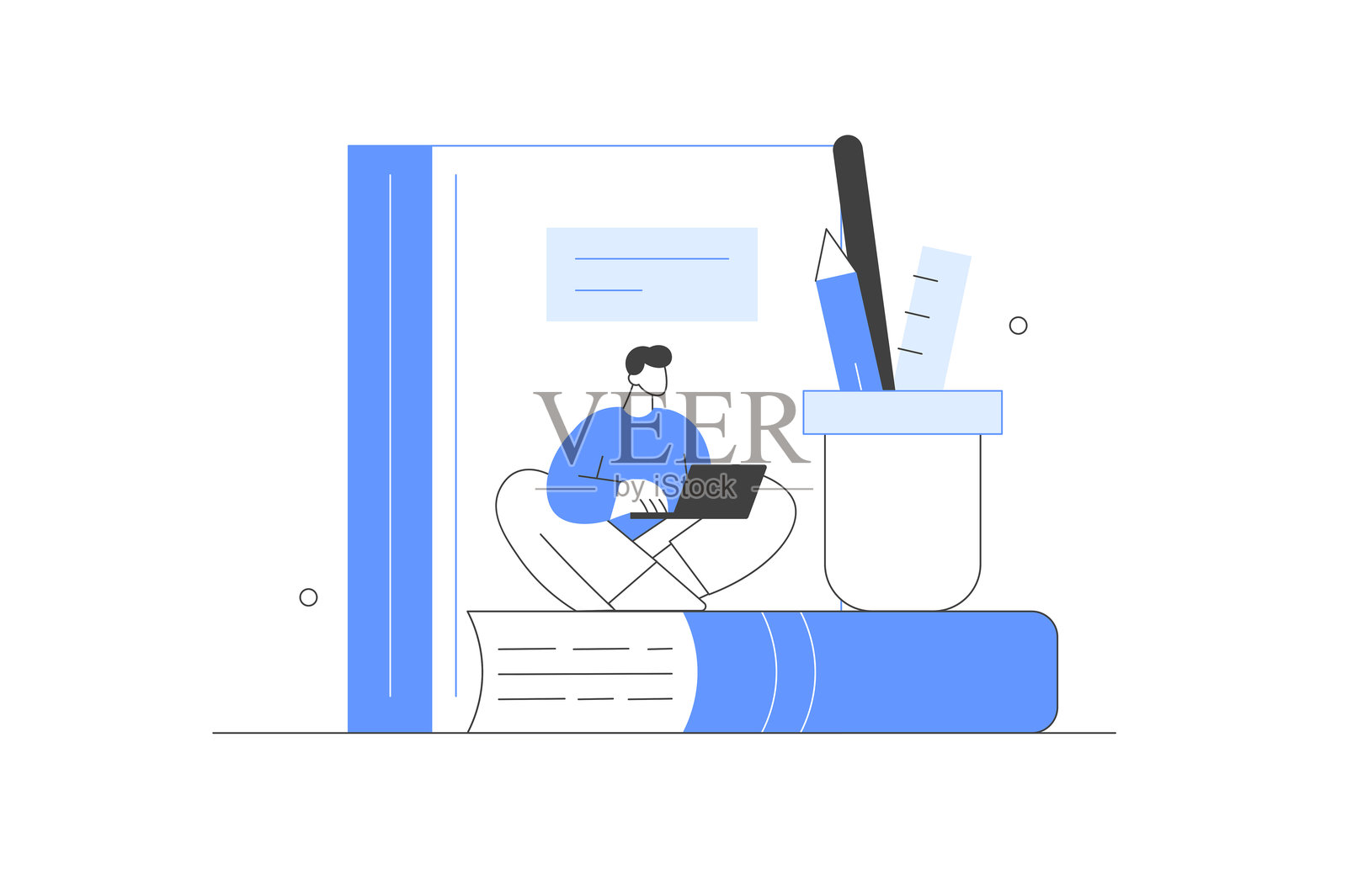 教育和在线教育概念。角色在阅读和学习书籍，使用笔记本电脑在线学习。扁平卡通矢量插图，图标。时尚抽象。插画图片素材