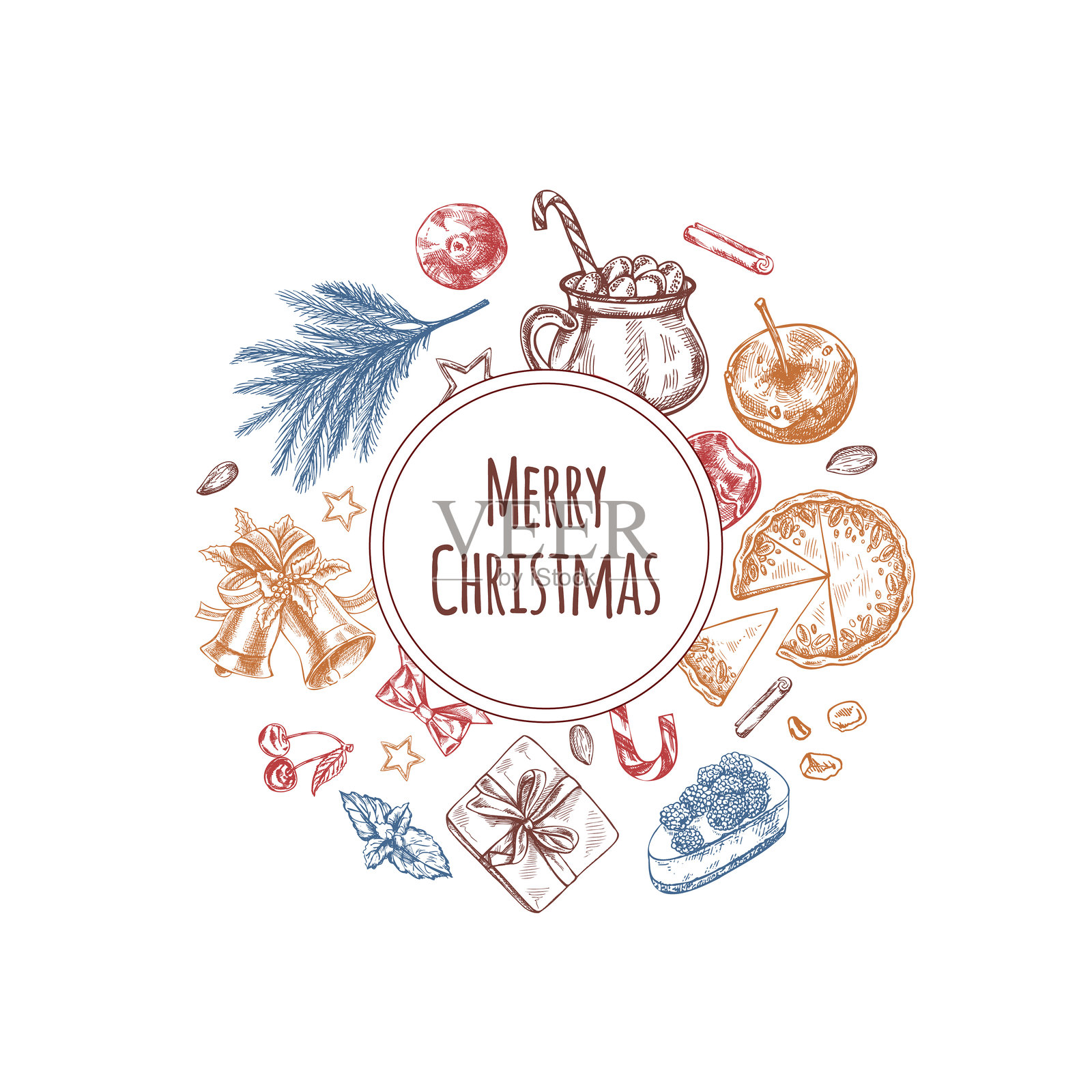 复古风格的圣诞食品和节日甜点插图插画图片素材