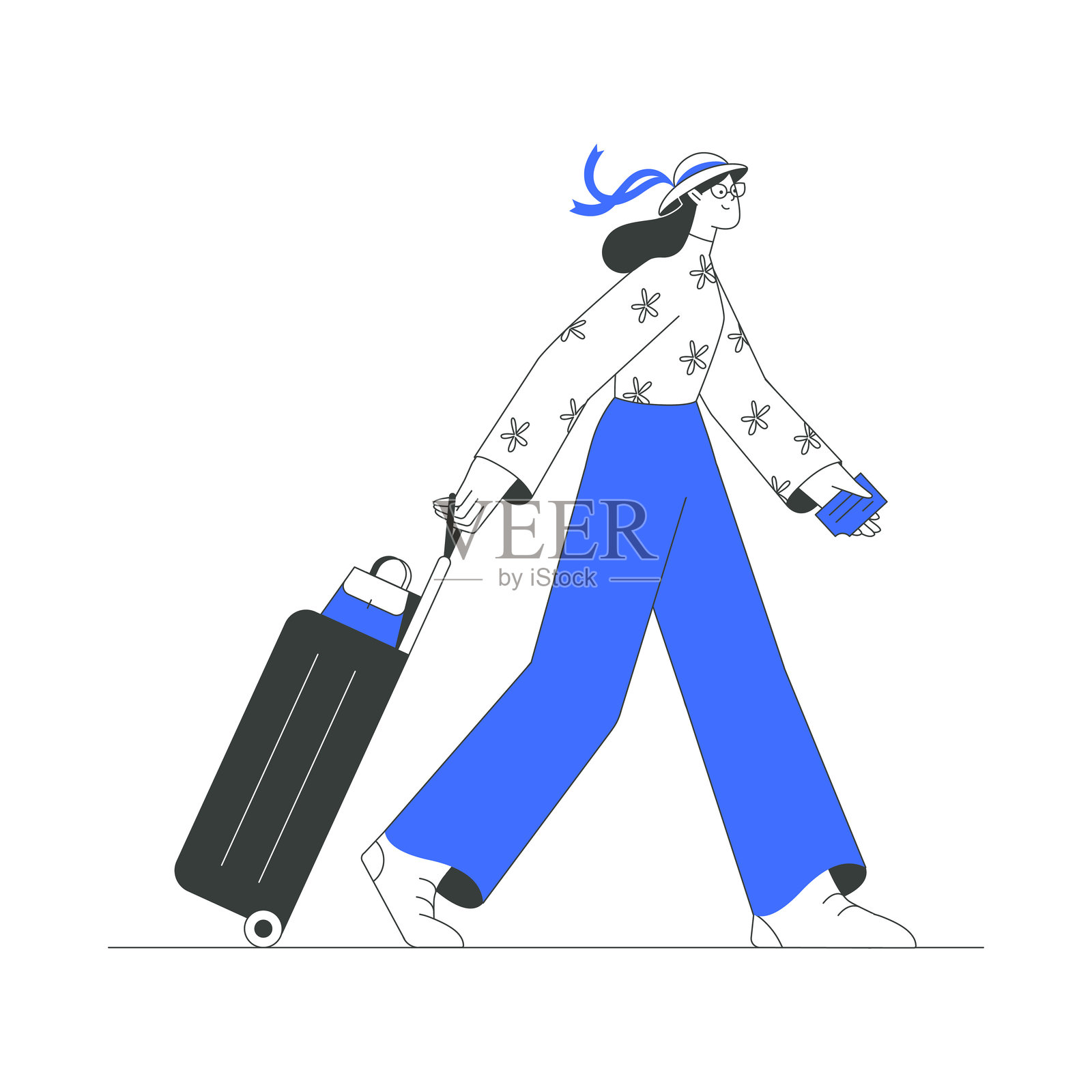 女性旅行者拉着行李箱，手持机票的扁平矢量插图，象征着旅行、流动性和旅游，背景为白色。插画图片素材