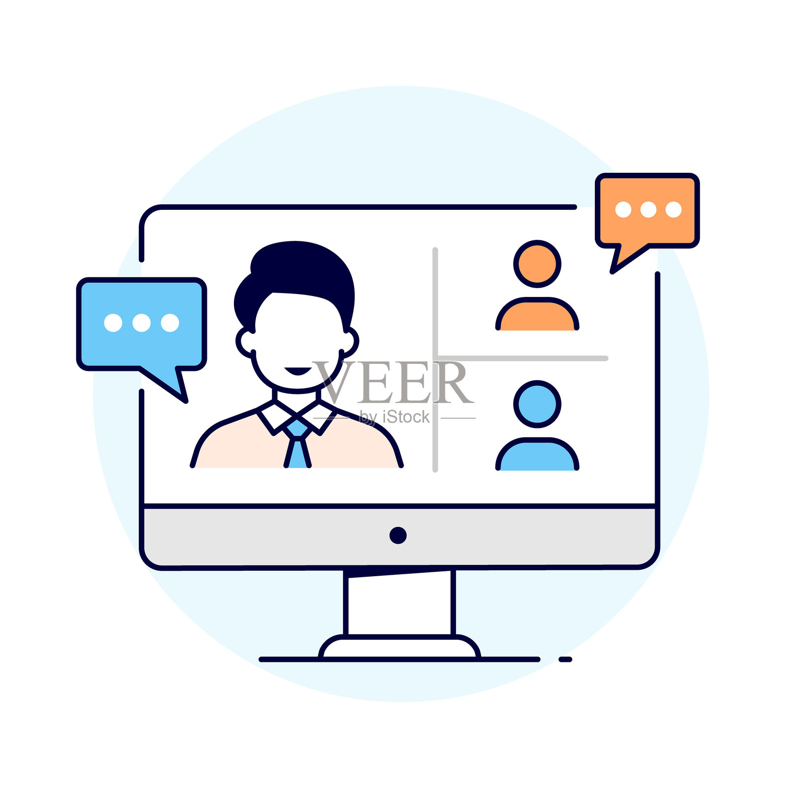 虚拟会议图标 - 显示有人的电脑屏幕和聊天气泡，代表在线沟通和视频会议插画图片素材