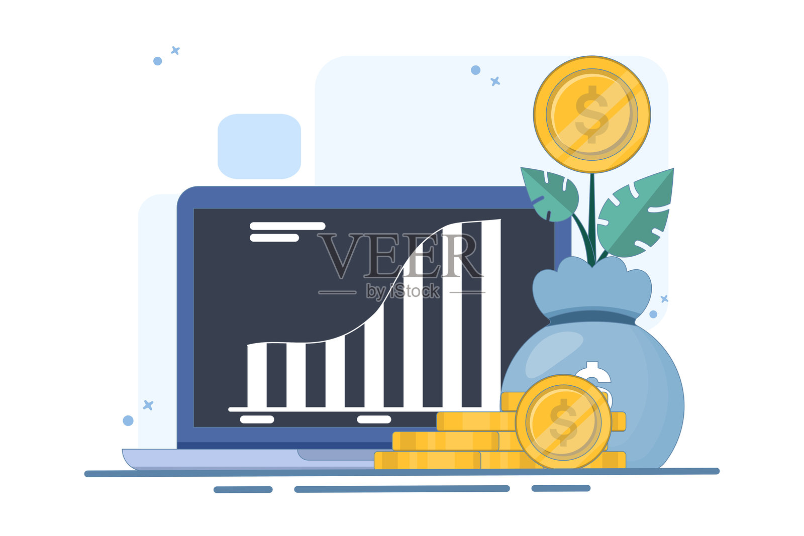 数字金融增长概念，在线金融系统分析，使用计算机或笔记本电脑进行数据分析和监控，网页报告仪表板和商业金融投资。扁平插图。插画图片素材