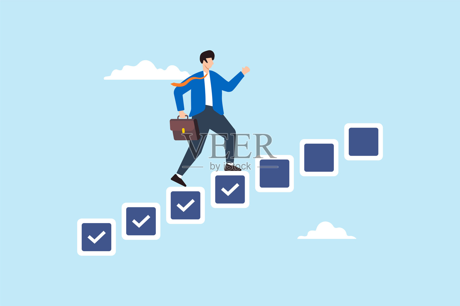 平面插图展示商人踩在复选框上，逐步完成任务，从开始到成功。插画图片素材