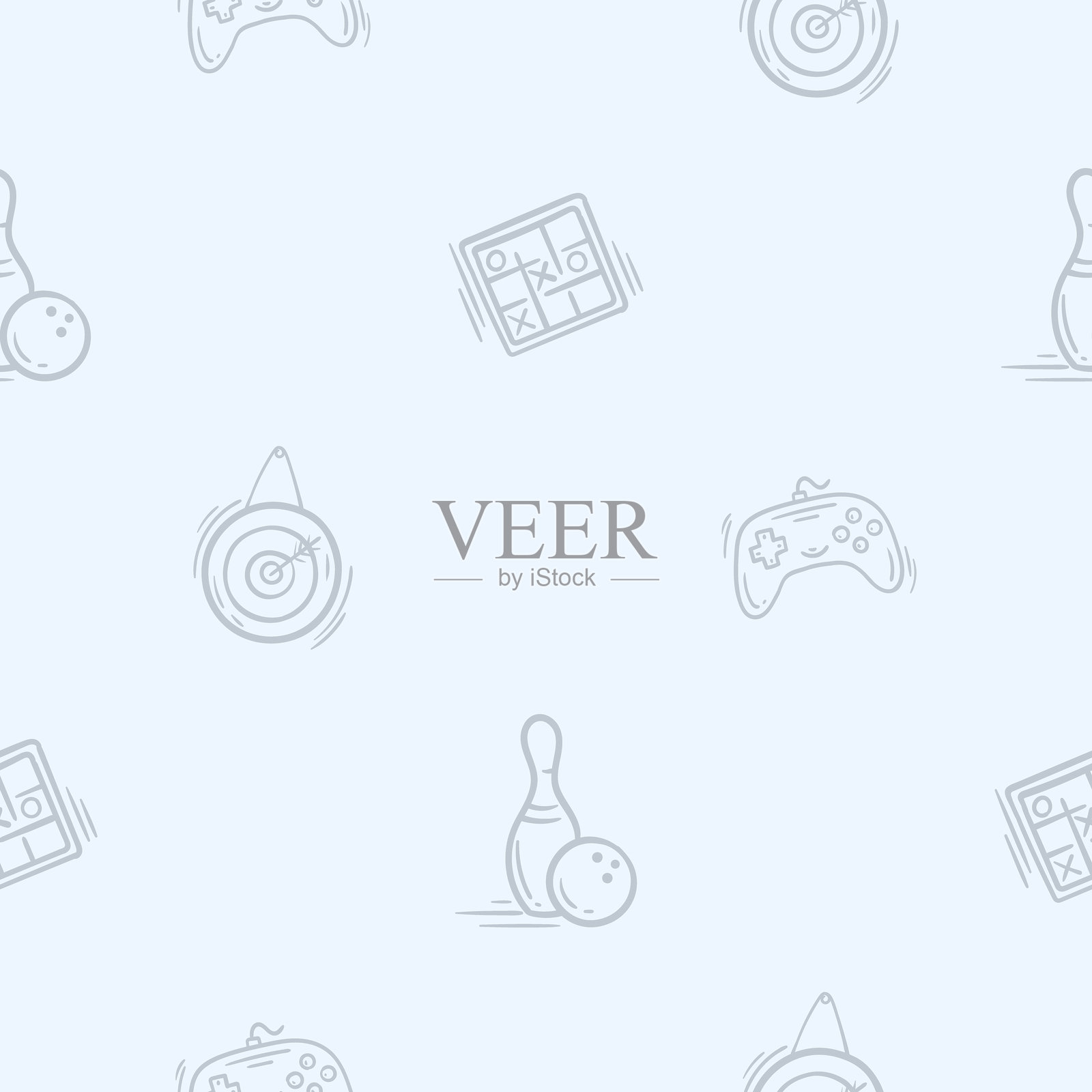 简单的黑白图案，包含飞镖、十字、脚趾、游戏操纵杆和保龄球。手绘矢量背景与假期、休闲和周末相关。适用于装饰和包装纸的设计。插画图片素材