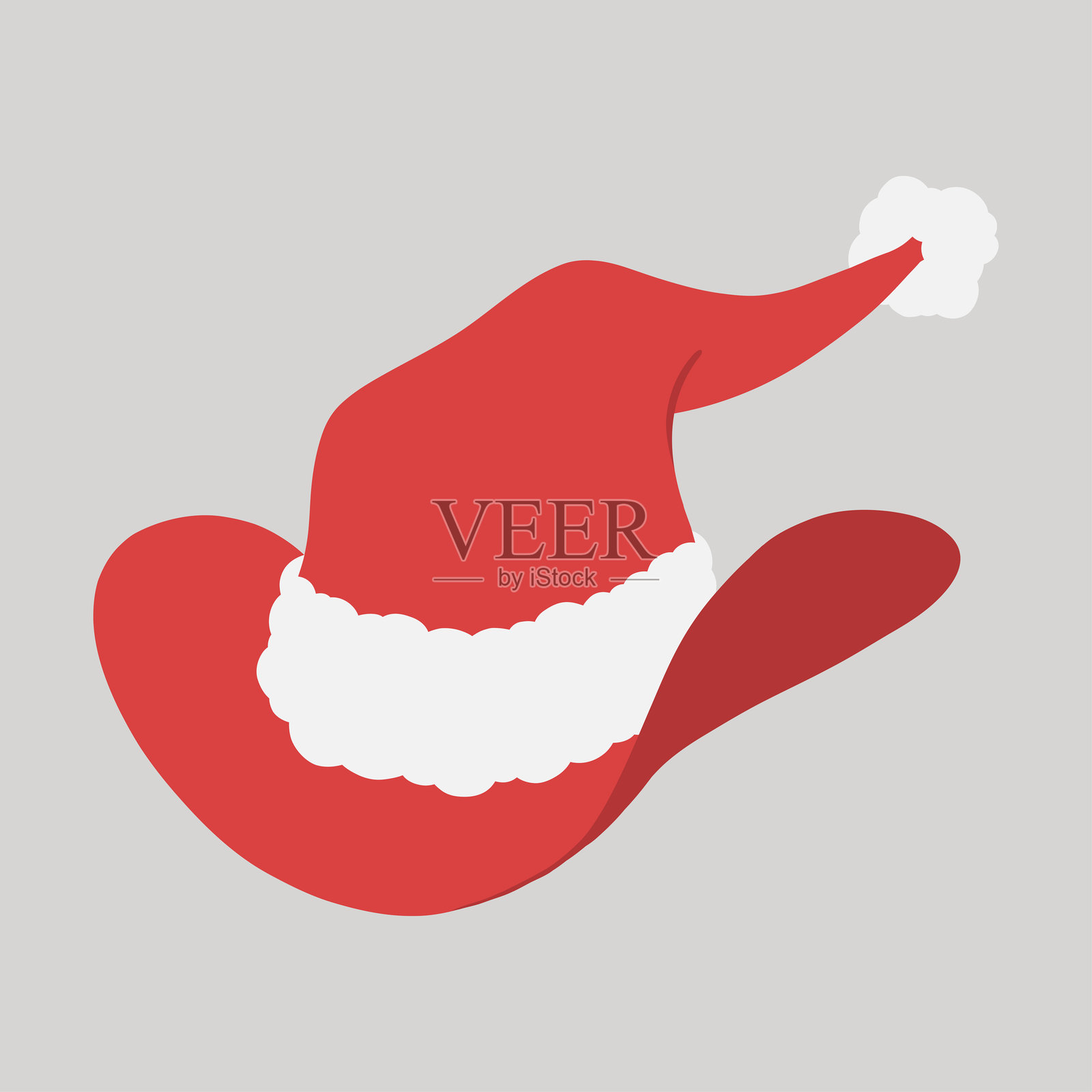 红色圣诞牛仔帽，带有白色毛皮边和毛球，手绘平面设计插图插画图片素材