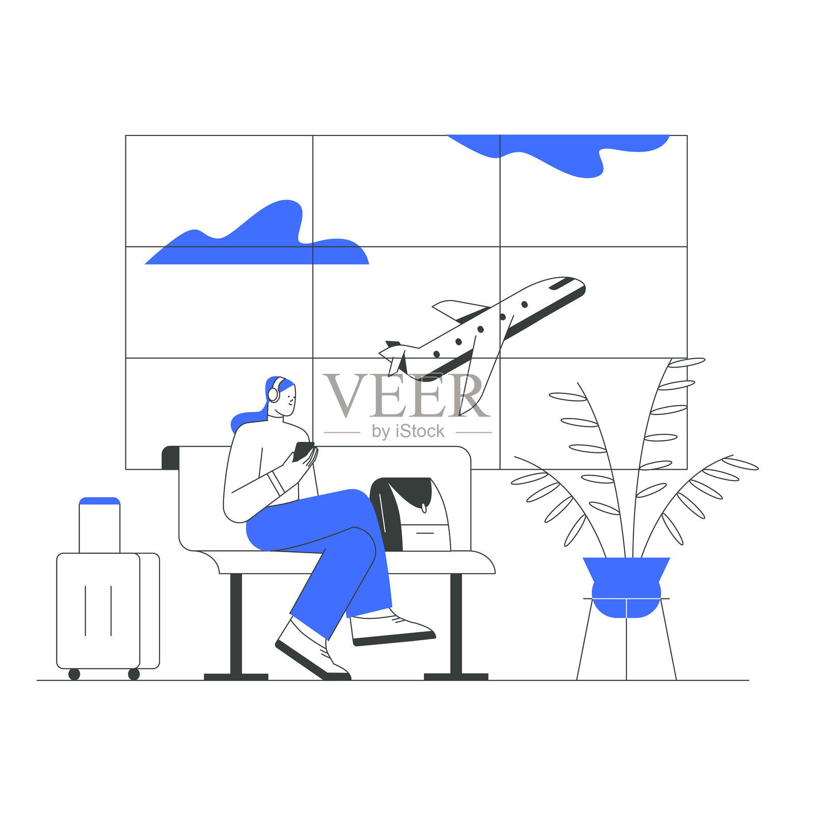 坐在机场休息室的女性，手边有行李和书籍，天空中有飞机，扁平化矢量插图象征着旅行、休闲和放松，背景为白色。插画图片素材