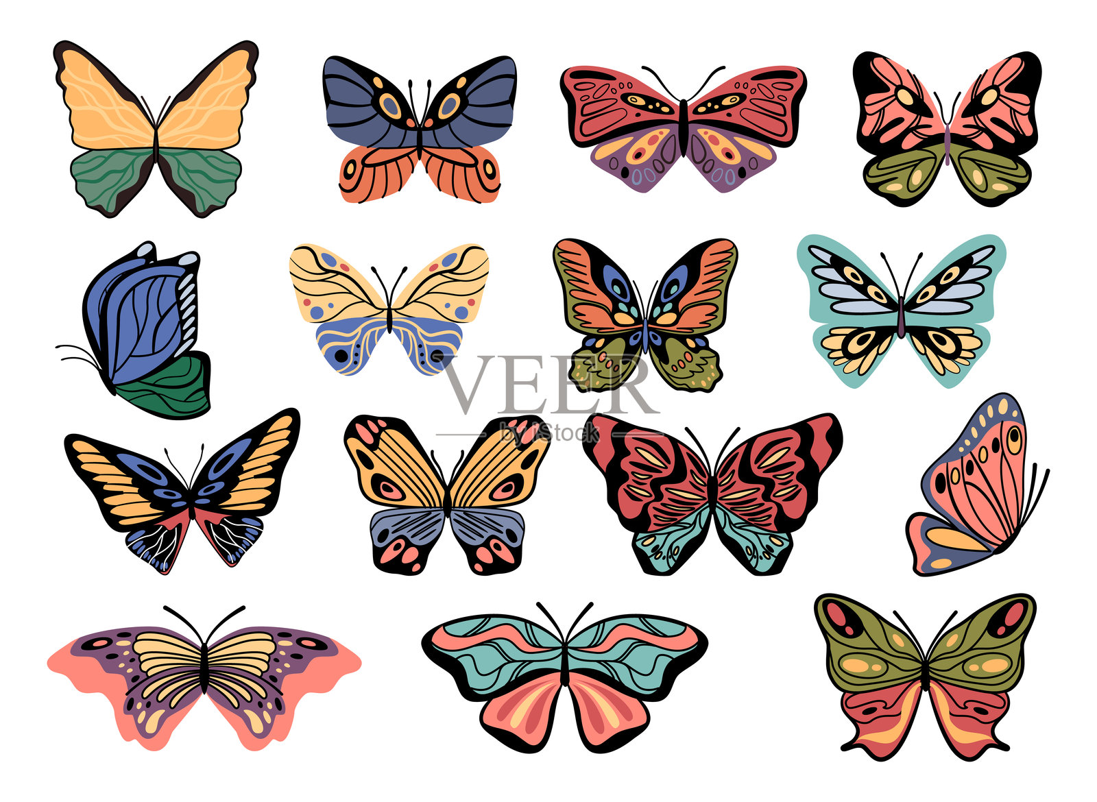 蝴蝶系列，种类繁多，翅膀颜色各异。矢量图中美丽的有翅生物，带触角，展示生物多样性或博物馆收藏。以花蜜为食的昆虫，动植物及其环境。插画图片素材