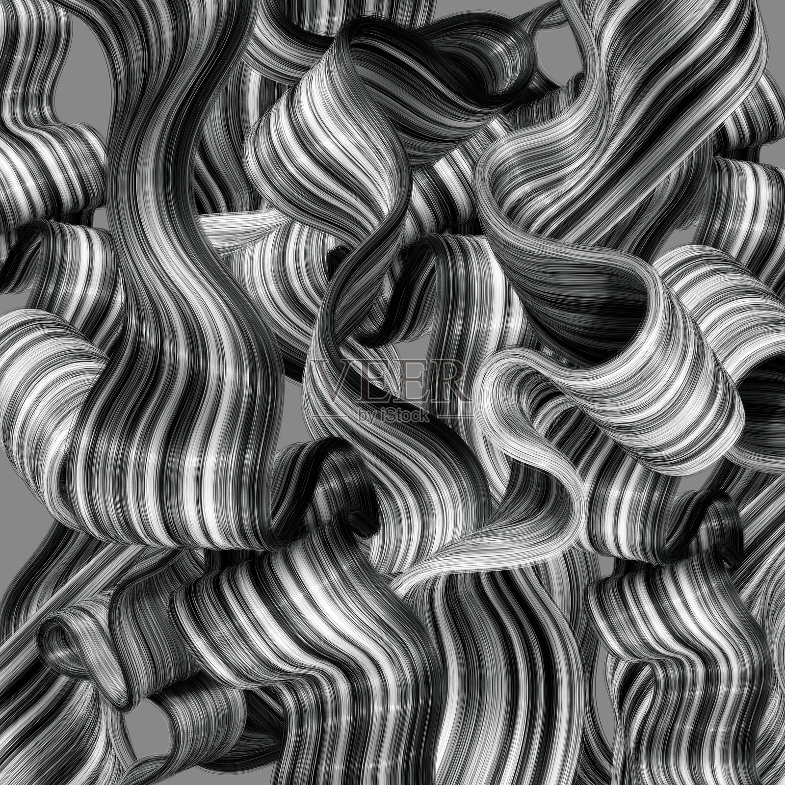 3D渲染。抽象的单色背景，由折叠的杂乱曲线和缠绕的折叠丝带组成。极简主义壁纸。黑白线条。照片摄影图片