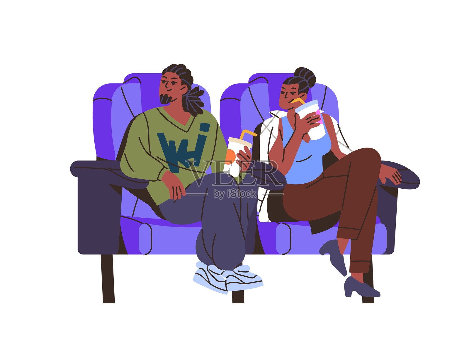 一对非裔美国情侣坐在电影院的座位上观看电影，享受浪漫约会。快乐的人们手拿饮料一起观看电影，正面视角。平面风格的独立插图，背景为白色。插画图片素材
