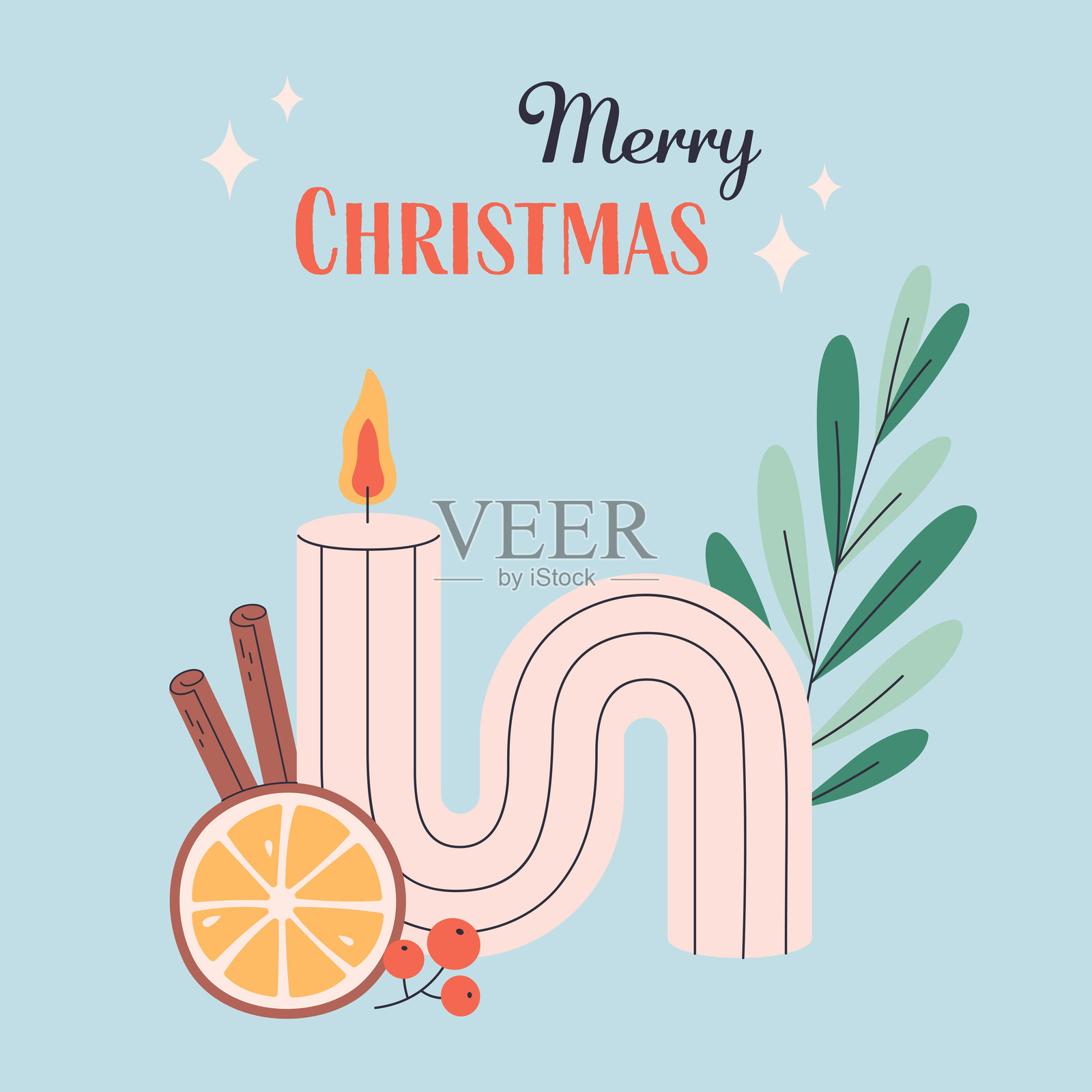 圣诞蜡烛。手绘蜡烛，装饰有圣诞花卉、橙子和肉桂。冬季设计。平面风格的矢量插图。插画图片素材