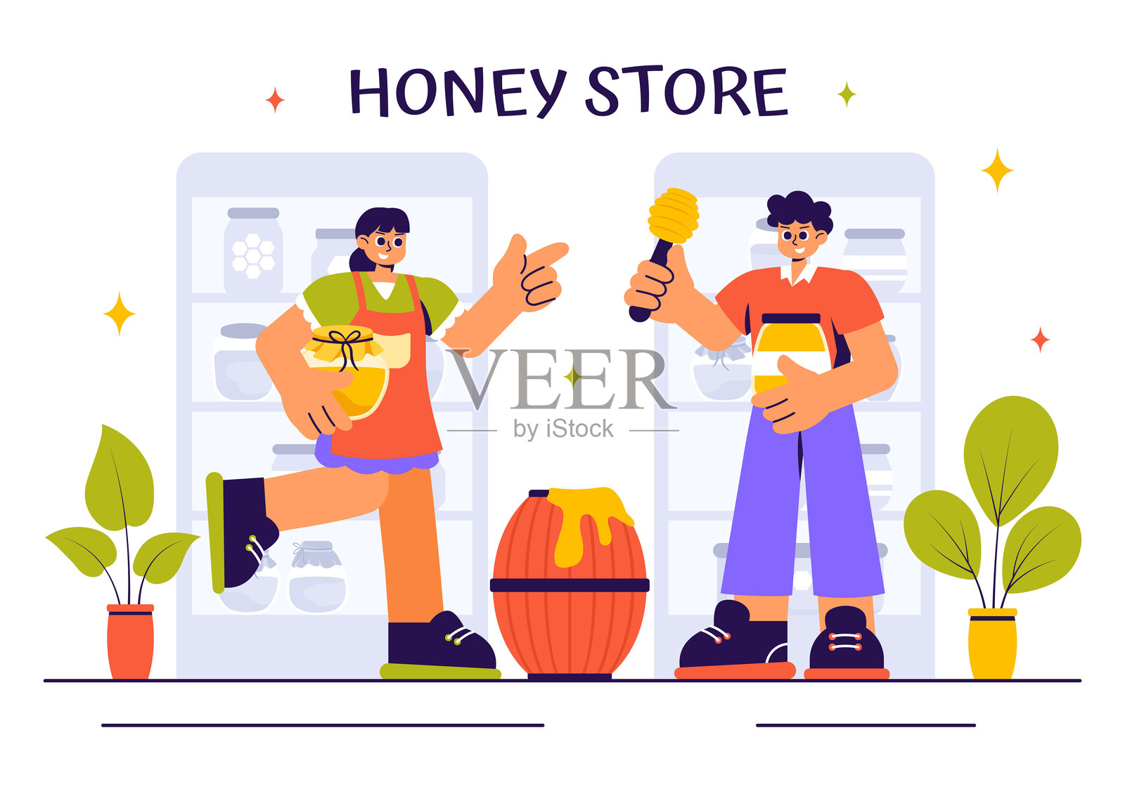 蜂蜜商店矢量插图，展示了如蜂蜜罐、蜜蜂和蜂巢等天然产品，背景为平面风格。插画图片素材