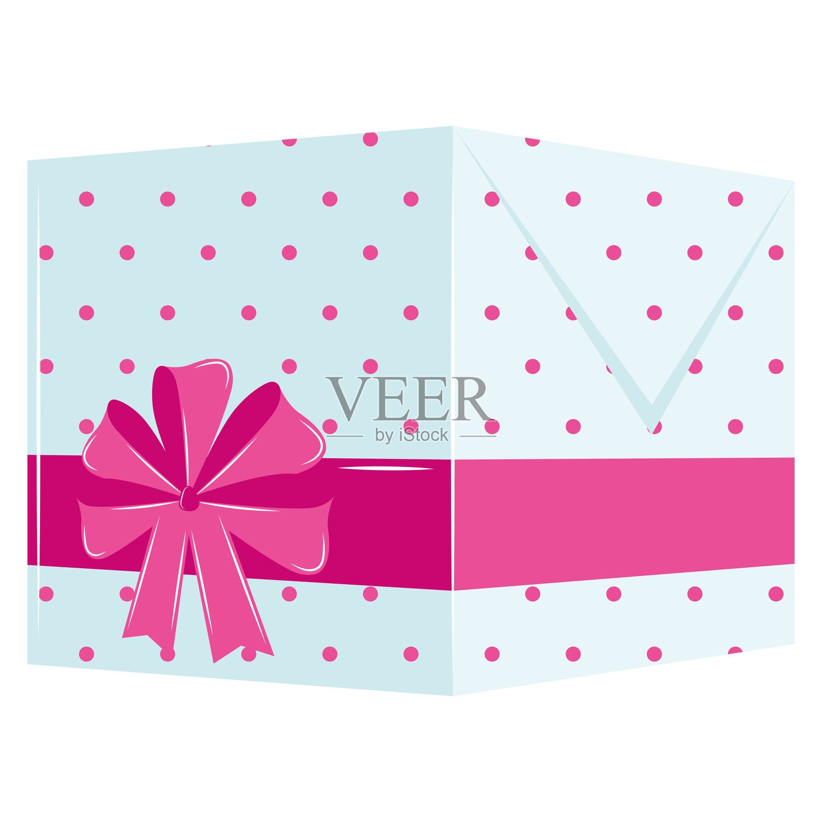 浅蓝色的礼品盒，上面有粉色波点和丝带，矢量图插画图片素材