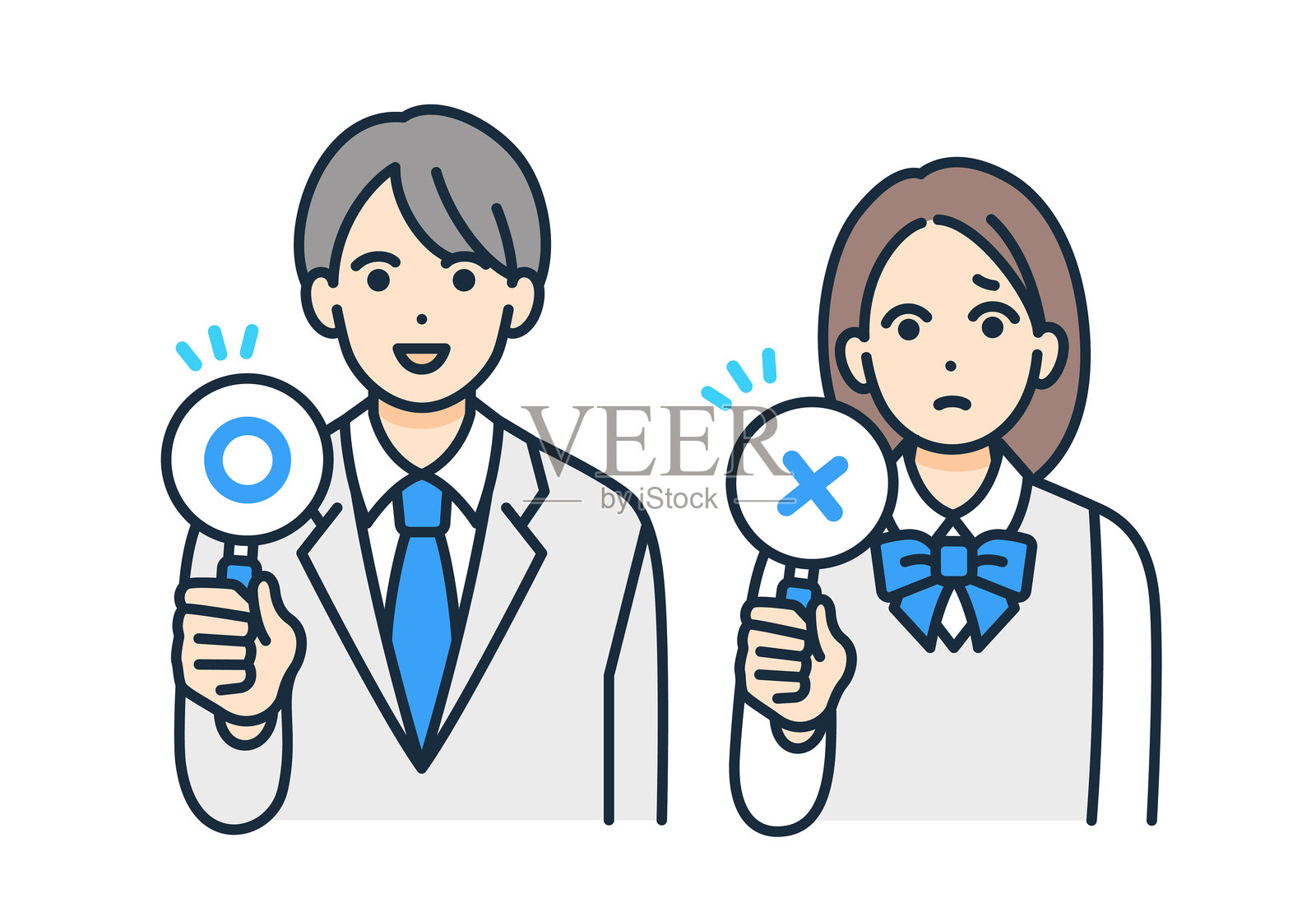 学生手持正确和错误的标签。男性和女性的矢量插图。插画图片素材