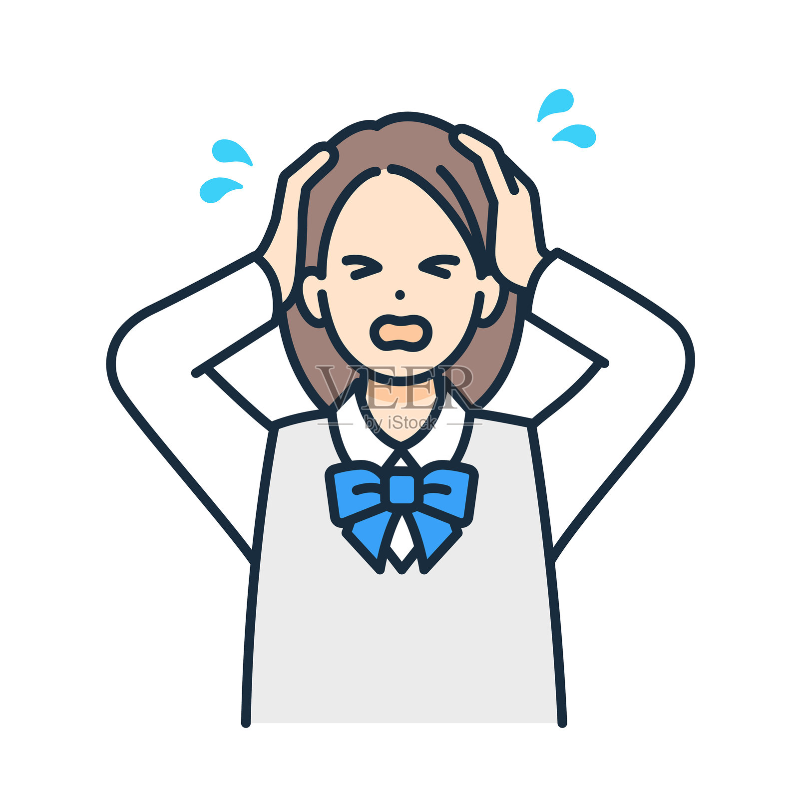 高中女孩震惊地哭泣。矢量插图展示一位女性惊慌地捂住头部。插画图片素材