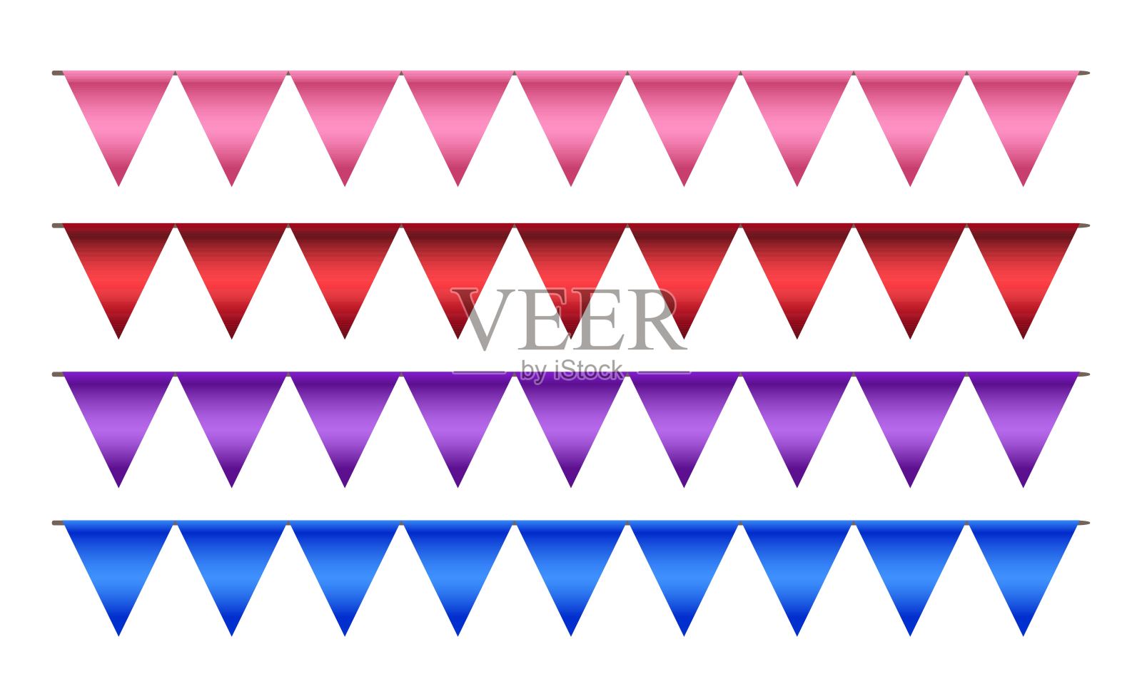 一组四个色彩缤纷的彩旗横幅。矢量彩旗包含粉色、红色、紫色和蓝色的三角形旗帜，非常适合为您的项目增添庆祝气氛。适用于邀请函、海报、网站。插画图片素材