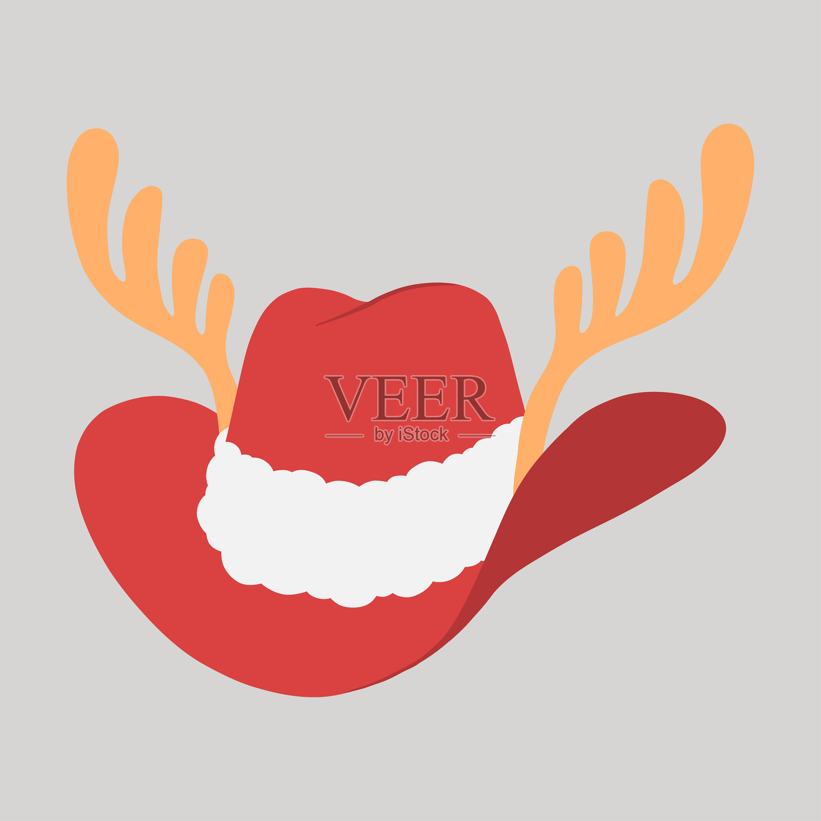 红色圣诞牛仔帽，带有驯鹿角，白色毛绒边缘，手绘平面设计插图插画图片素材