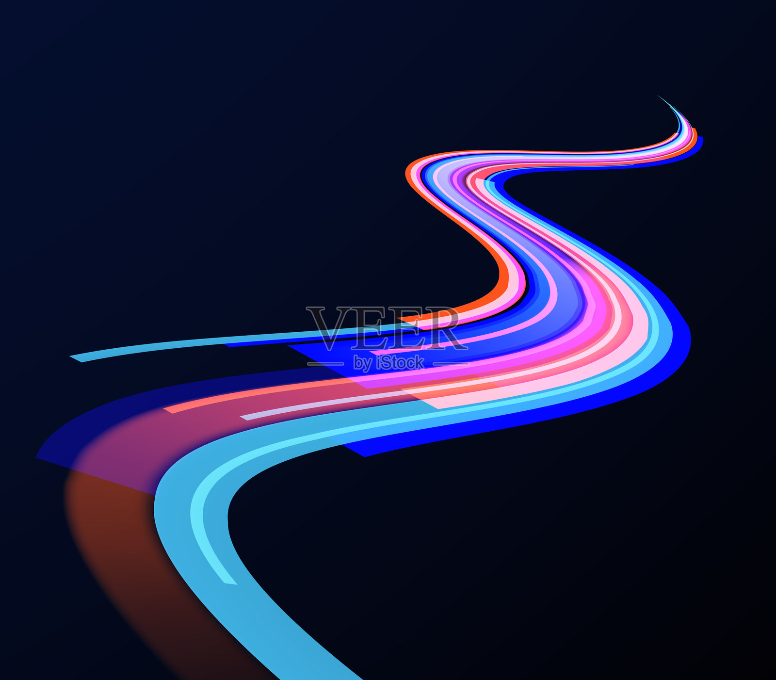 霓虹色的光弧，呈现出转弯和锯齿形状。创意矢量插图，展示飞行的宇宙流星、行星体、彗星和火球，背景透明。插画图片素材