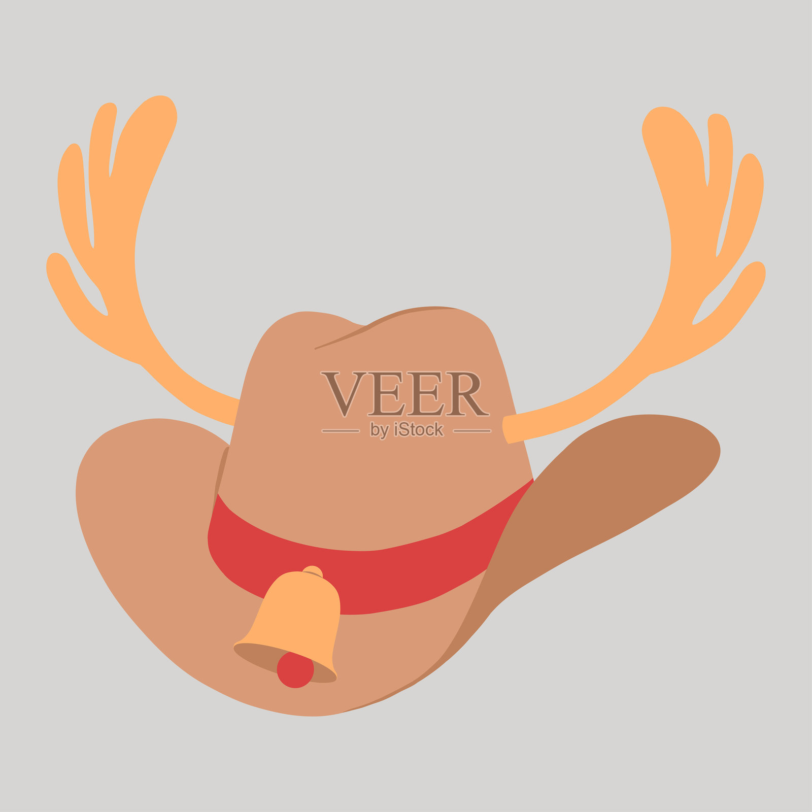 圣诞牛仔帽，带有驯鹿角、铃铛和帽带的手绘扁平设计插图插画图片素材