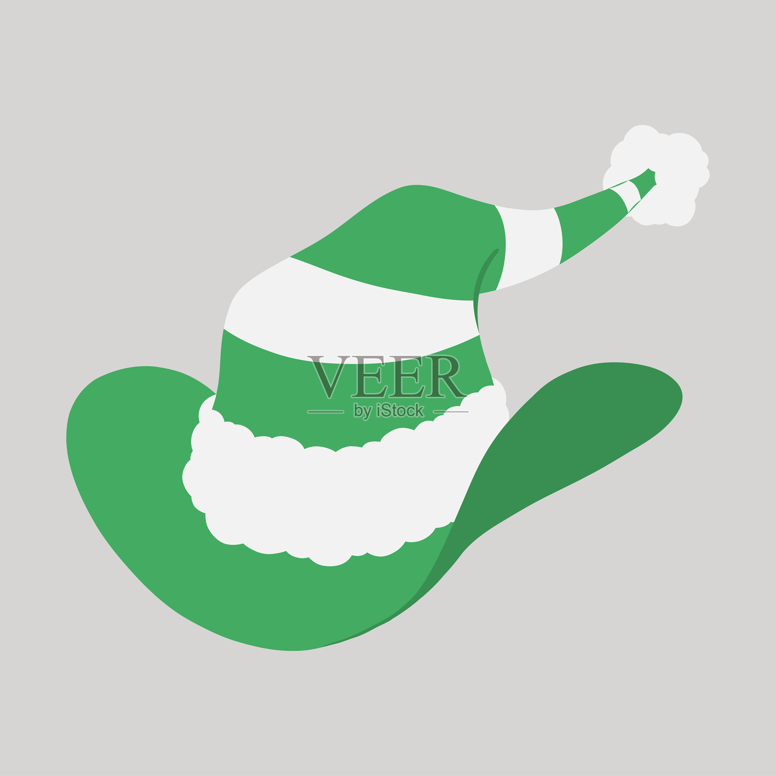 绿色和白色条纹的圣诞牛仔精灵帽，带有毛皮边缘和绒球，手绘平面设计插图插画图片素材