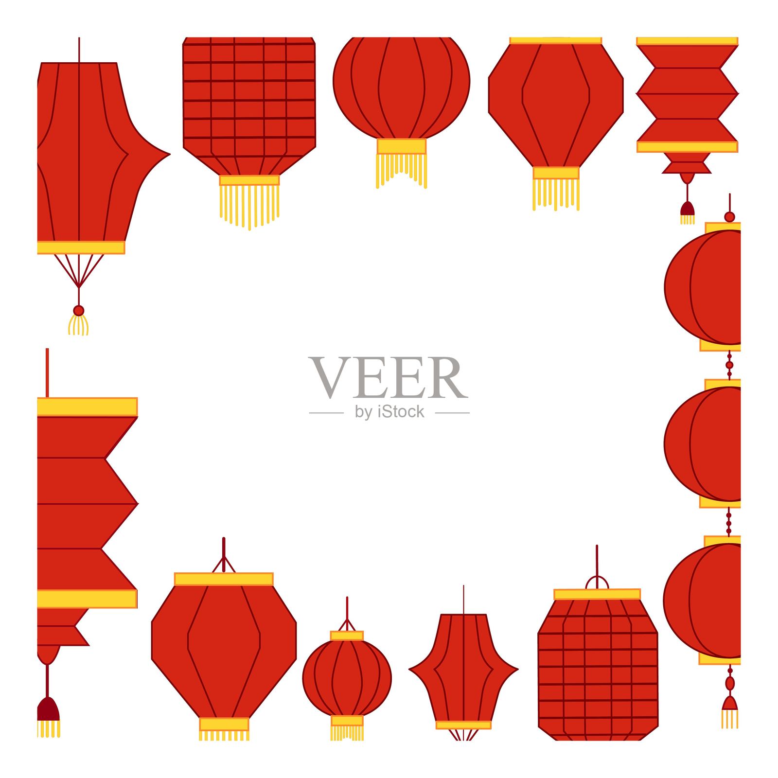 夏季节日红灯笼的矢量插图。方形框架模板。矢量图形插图插画图片素材