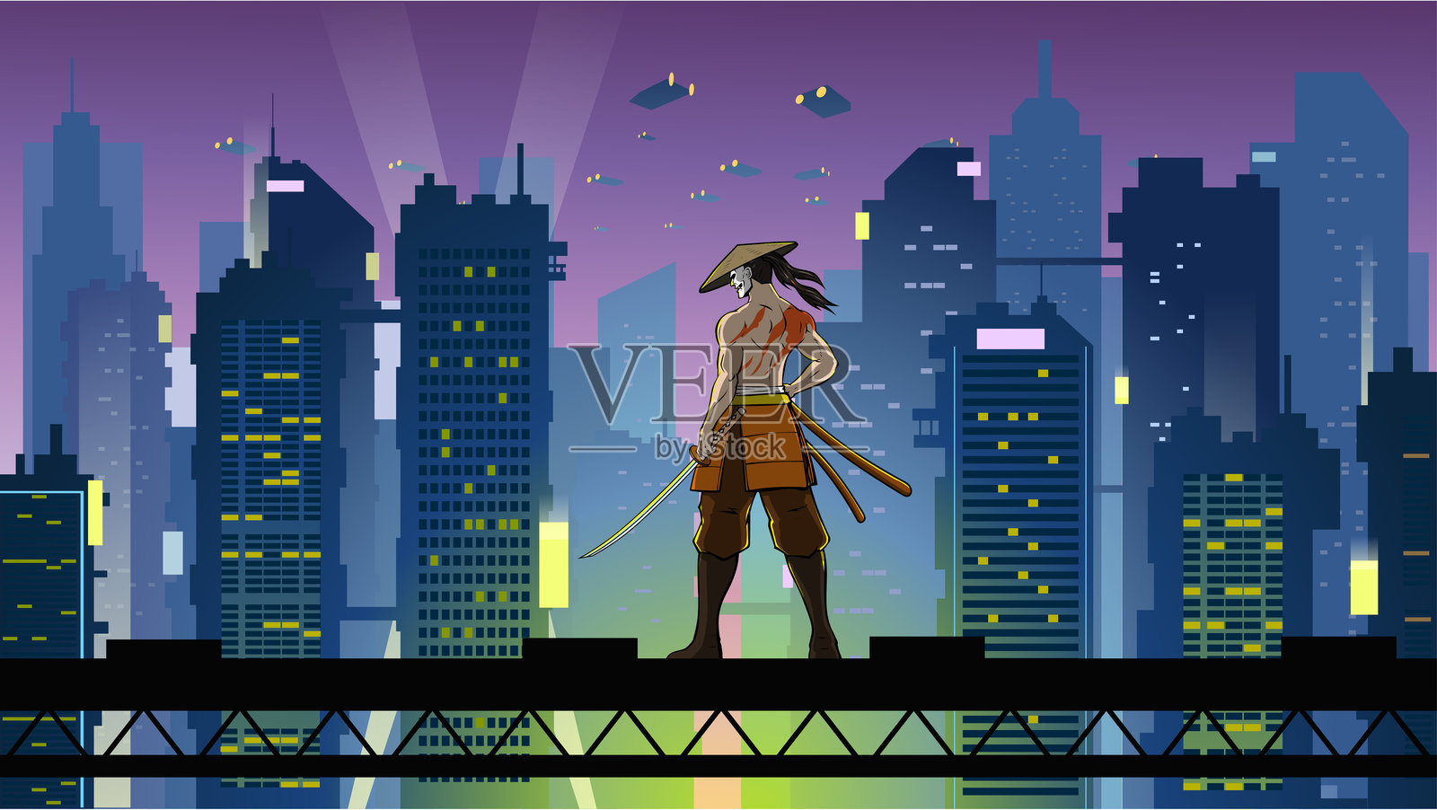 矢量赛博朋克武士与赛博朋克城市背景插图插画图片素材