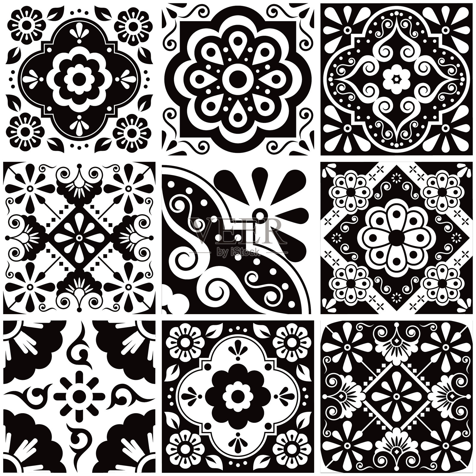 黑白墨西哥塔拉维拉风格瓷砖无缝矢量图案，花卉单色装饰瓷砖设计插画图片素材