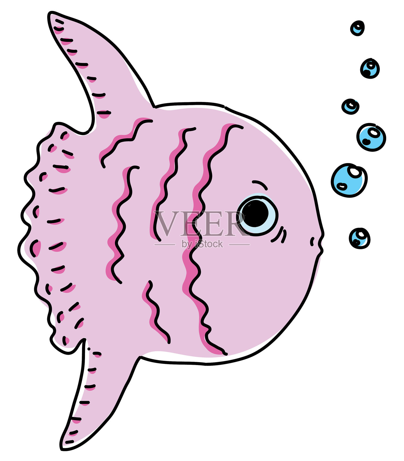 紫色惊讶的月鱼从嘴里吹出气泡插画图片素材