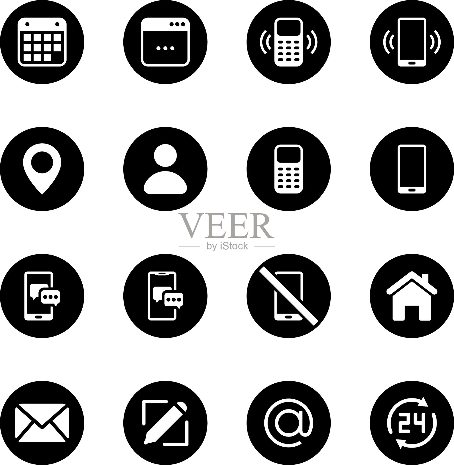 联系图标集。电话、聊天图标。电话呼叫标志。联系符号手机通话。手机图示。矢量插图。插画图片素材