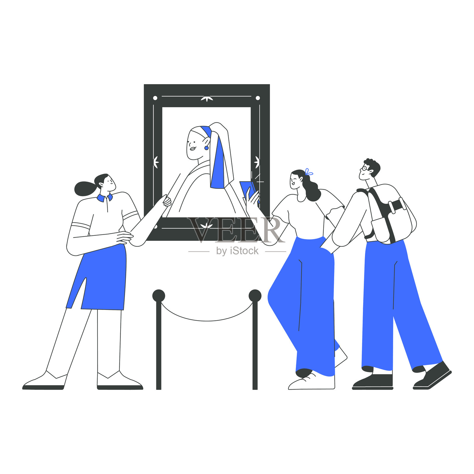 艺术画廊的访客在欣赏一幅著名画作，扁平化矢量插图象征着艺术、文化和博物馆参观，背景为白色。插画图片素材