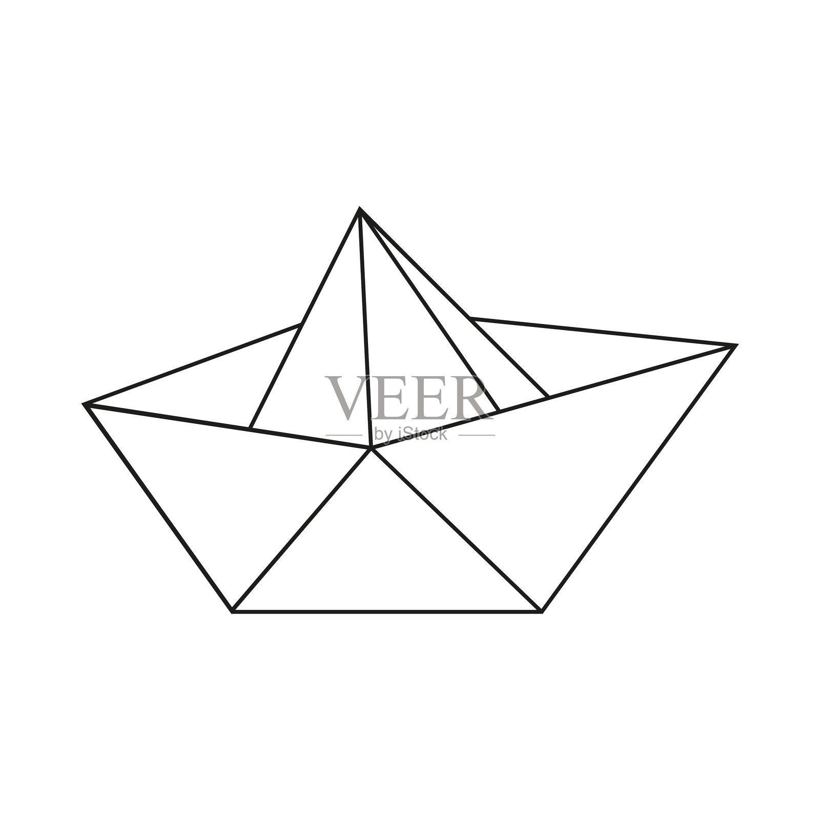 美丽的黑色矢量插图，展示一只孤立在白色背景上的折纸玩具船，适合儿童涂色书使用。插画图片素材