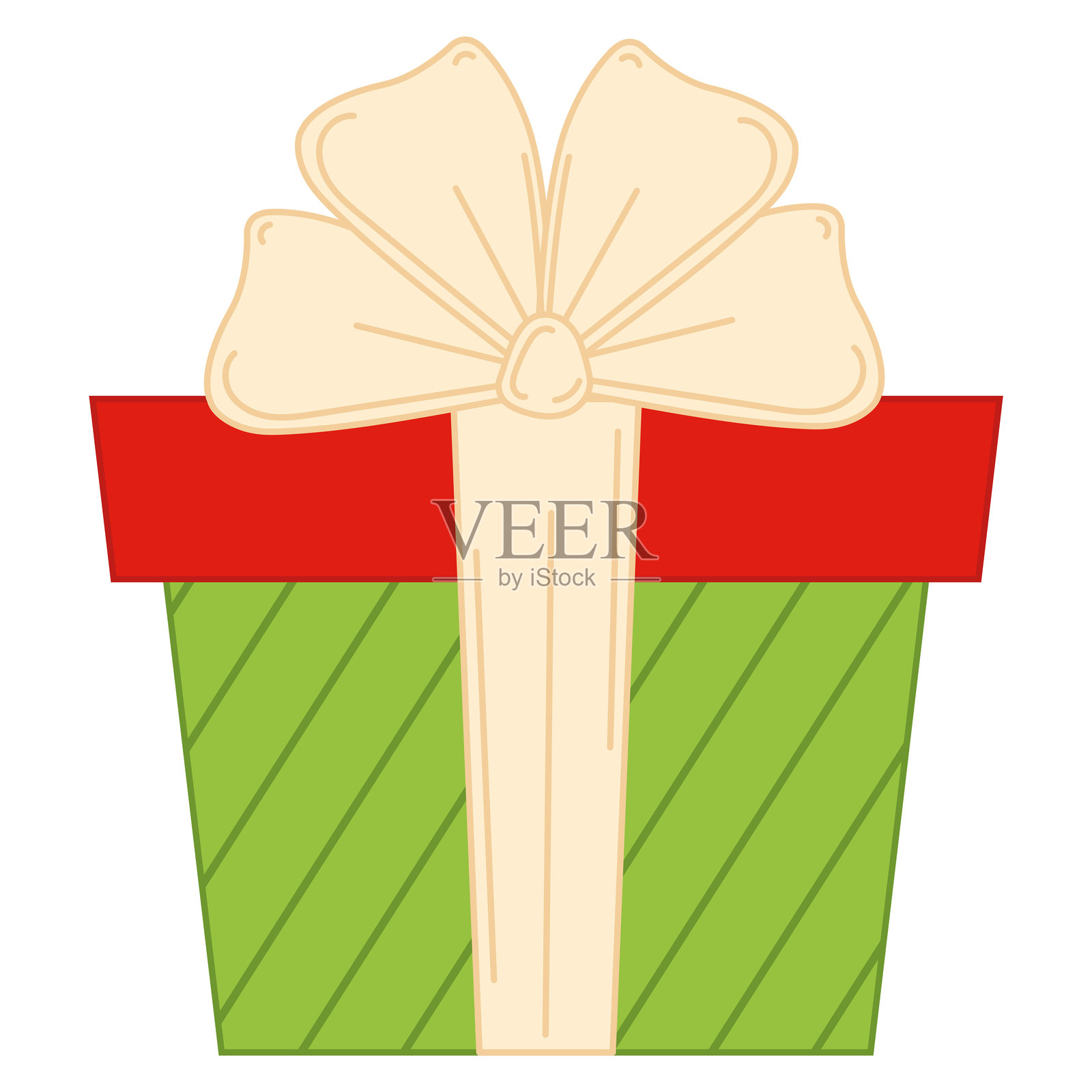 绿色礼品盒，配有奶油色蝴蝶结和红色盖子，矢量图插画图片素材