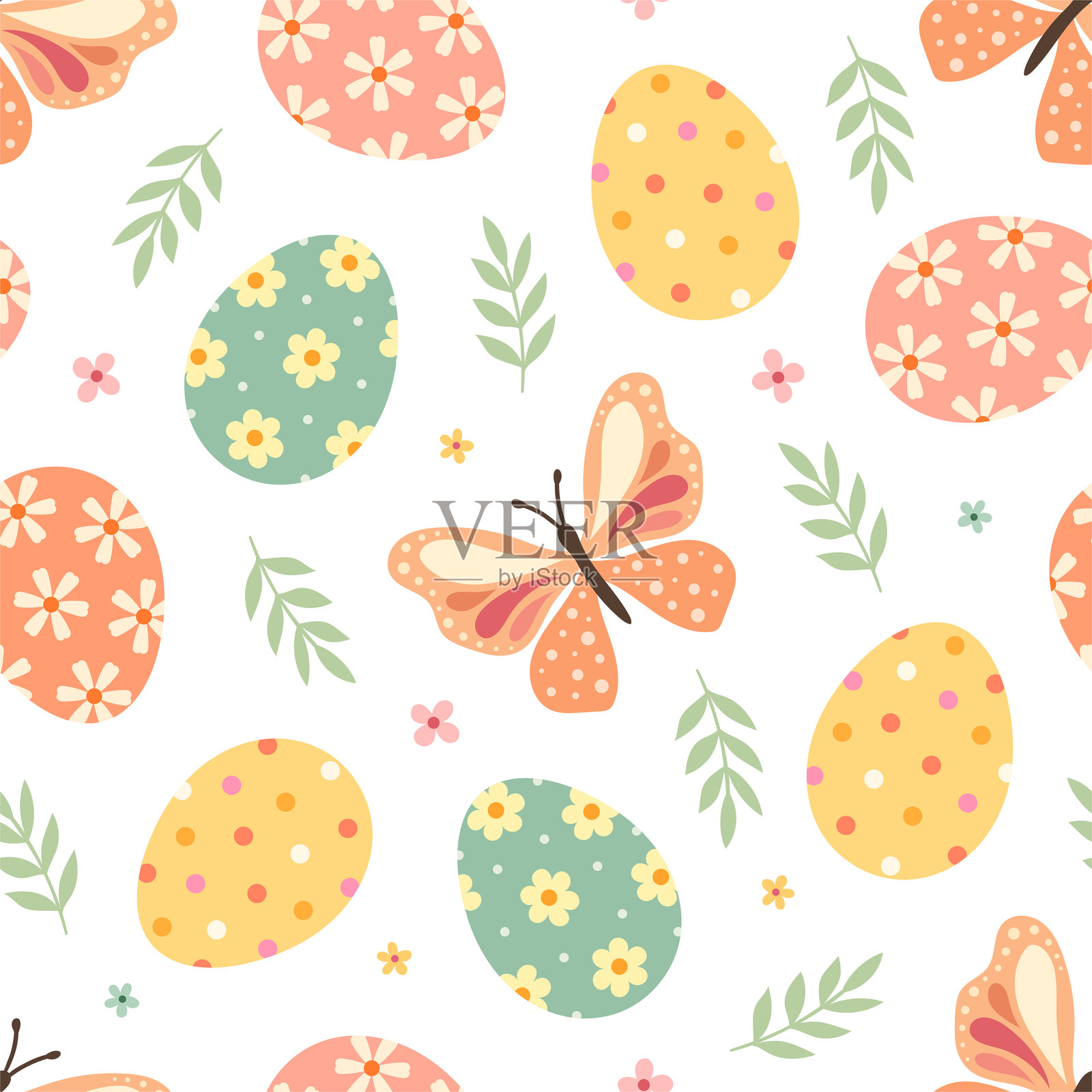 春季花卉复活节图案，包含彩蛋、蝴蝶和花朵插画图片素材