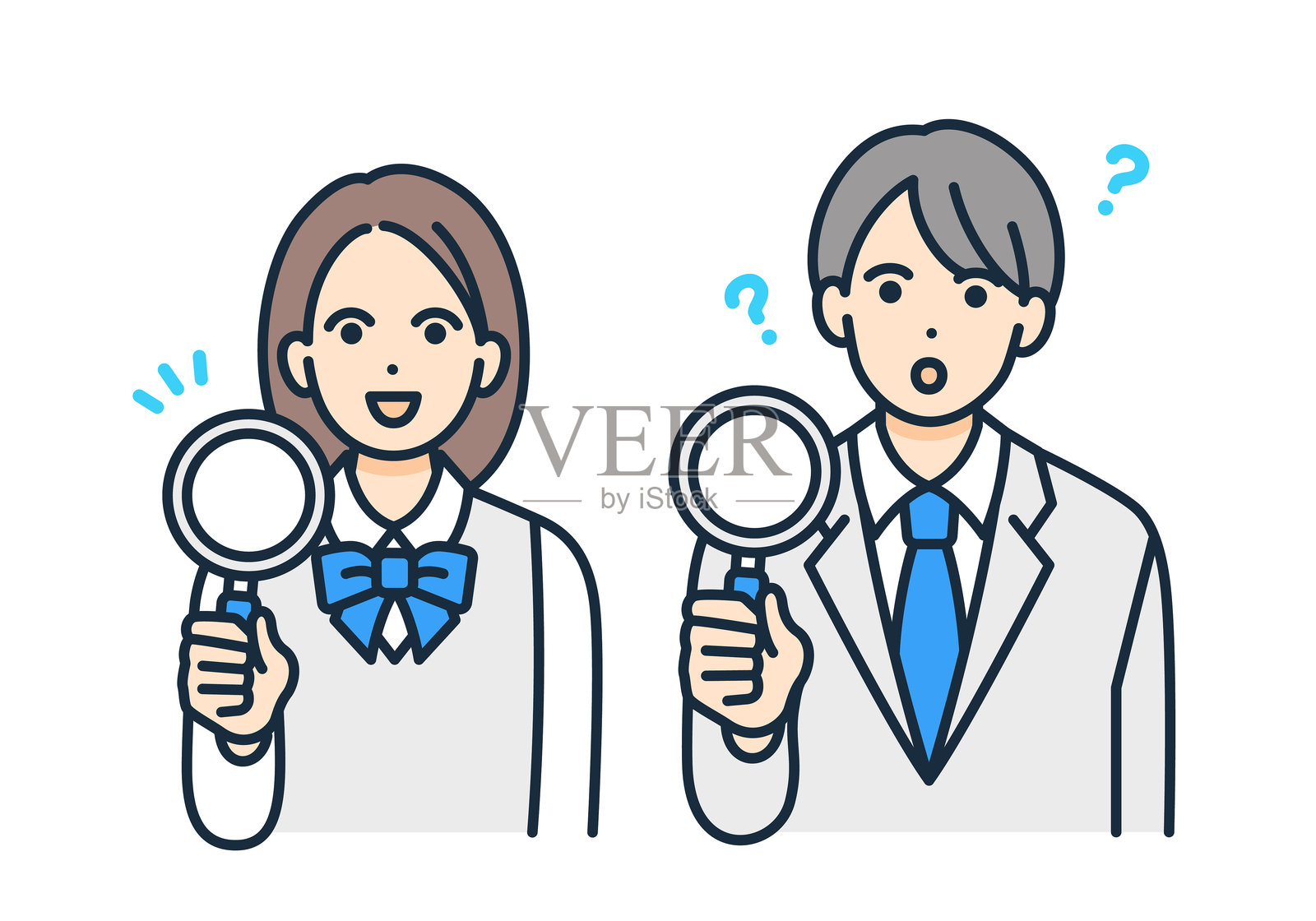 一个男孩带着疑问，一个女孩闪现出某种东西。学生使用放大镜的矢量插图集。插画图片素材