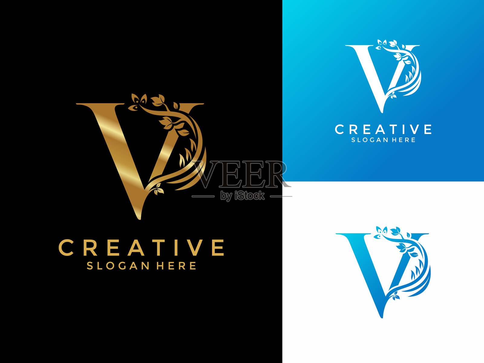 奢华金色花朵字母V标志设计矢量模板，适用于各种业务的专业首字母标志插画图片素材