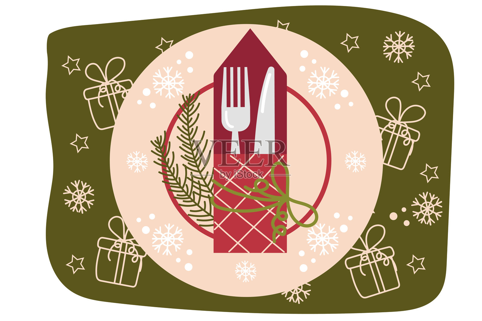 节日餐桌布置。盘子和餐具装饰有圣诞符号。平面图案，红色和绿色。库存矢量插图。EPS 10。插画图片素材