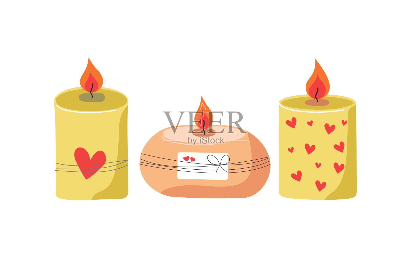 一组美丽的燃烧蜡烛，附有标签和卡片。心形。温馨的蜡烛带有火焰。情人节。节日、装饰、温馨的浪漫元素。平面插图。背景为白色隔离。插画图片素材