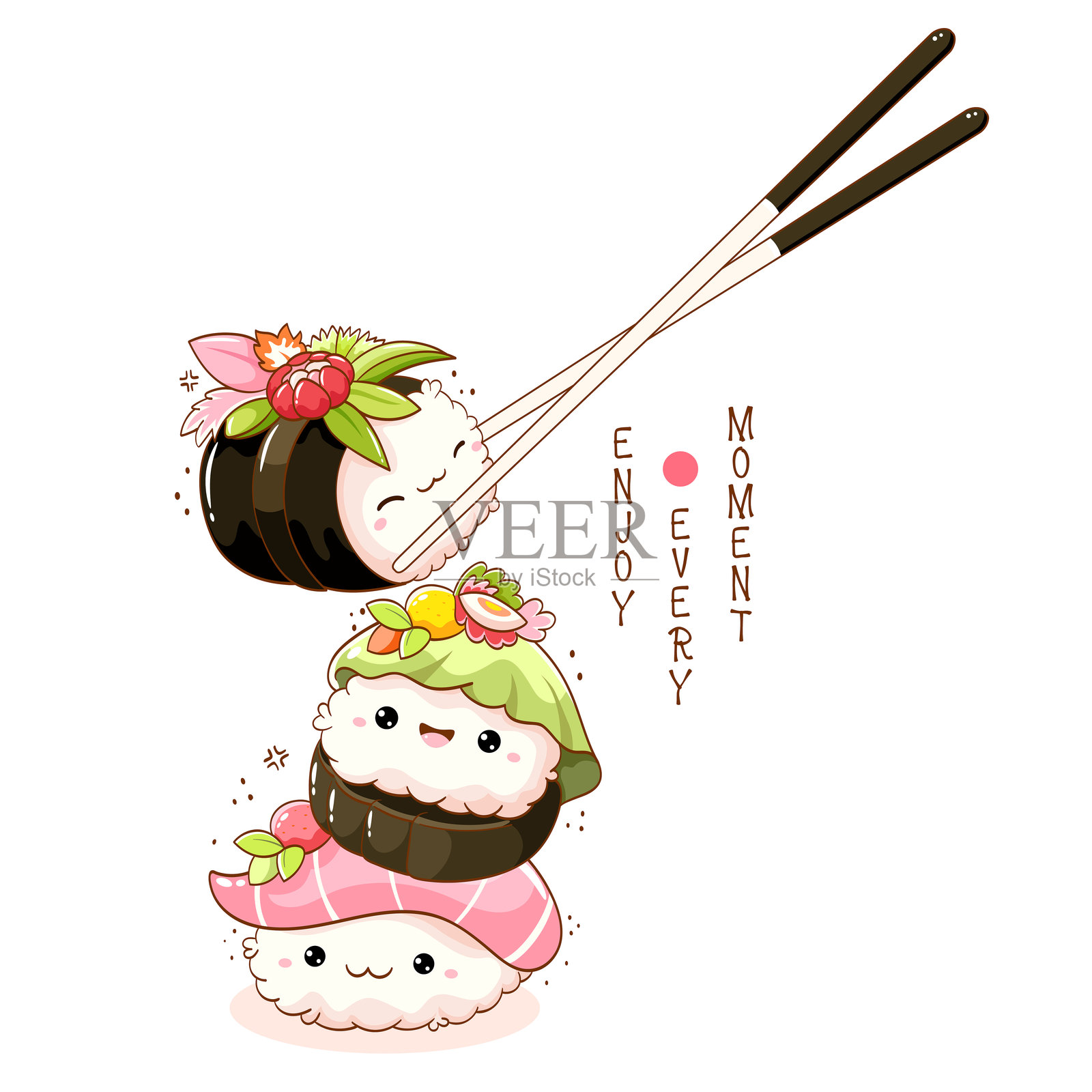 可爱的寿司和卷的堆叠，带有微笑的面孔。日本传统美食。可用于T恤印刷、贴纸、贺卡、菜单设计。矢量插图EPS8插画图片素材