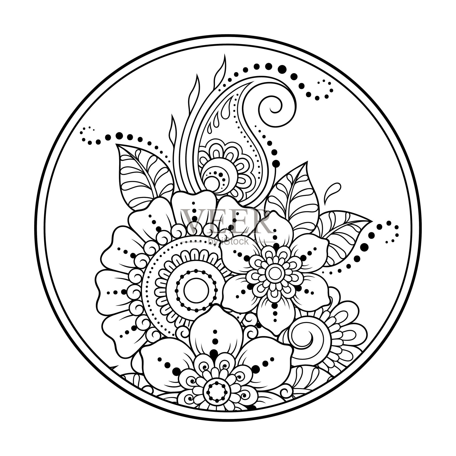 圆形花卉图案的美迪风格轮廓，适合涂色书页面。适合成人和儿童的减压活动。黑白涂鸦装饰。手绘矢量插图。插画图片素材