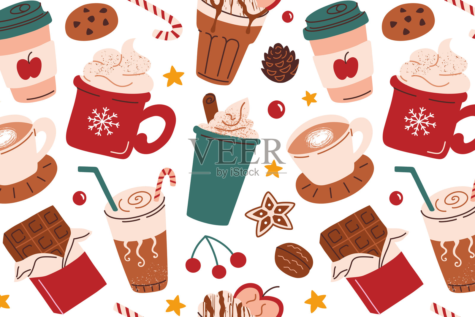 冬季饮品图案。扁平卡通风格的矢量插图。咖啡杯、可可、热巧克力涂鸦和季节性甜点。非常适合圣诞节、冬季假期和温馨主题设计。插画图片素材