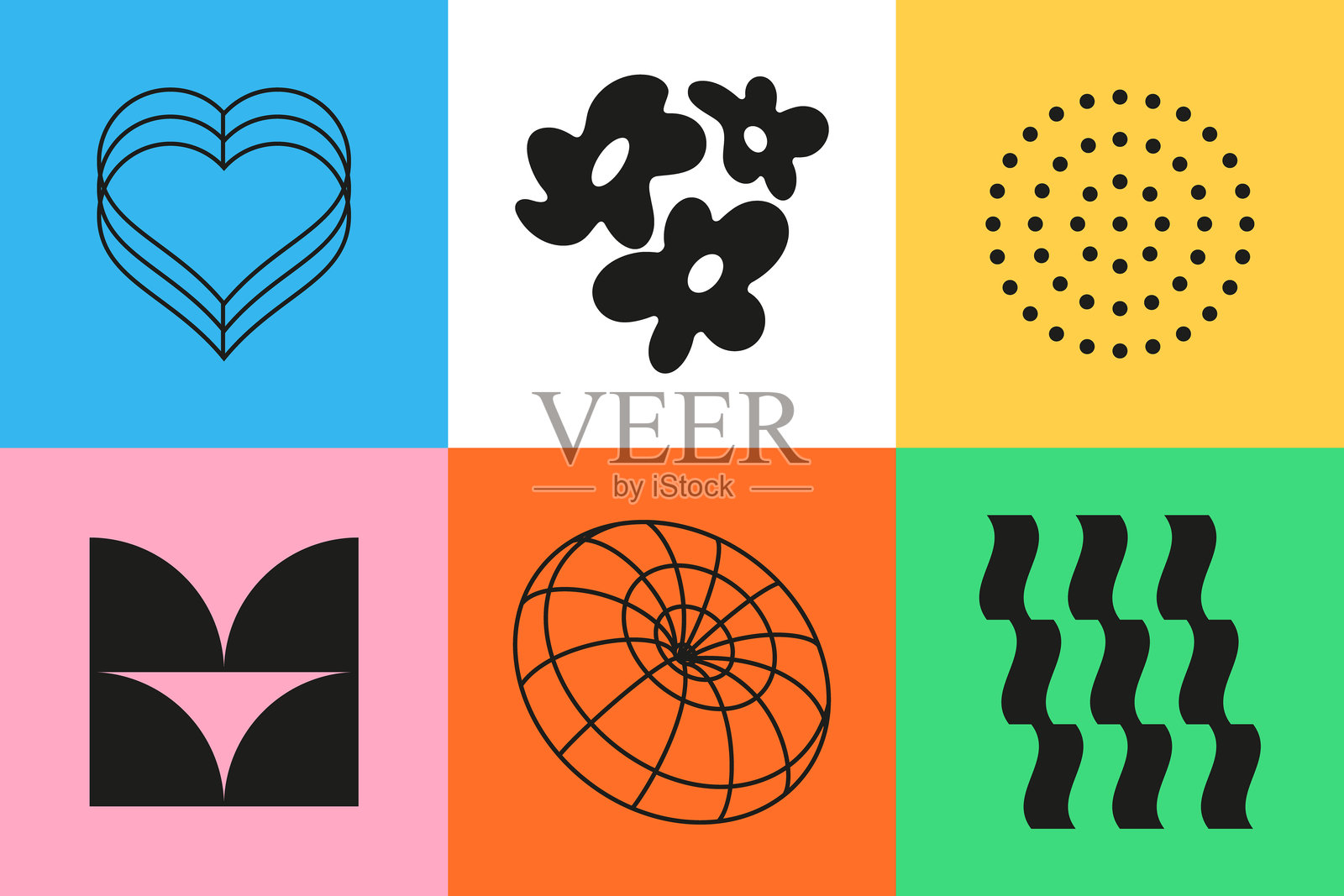 带有阴影和线条的流行图像 - 一组平面设计风格的彩色插图插画图片素材